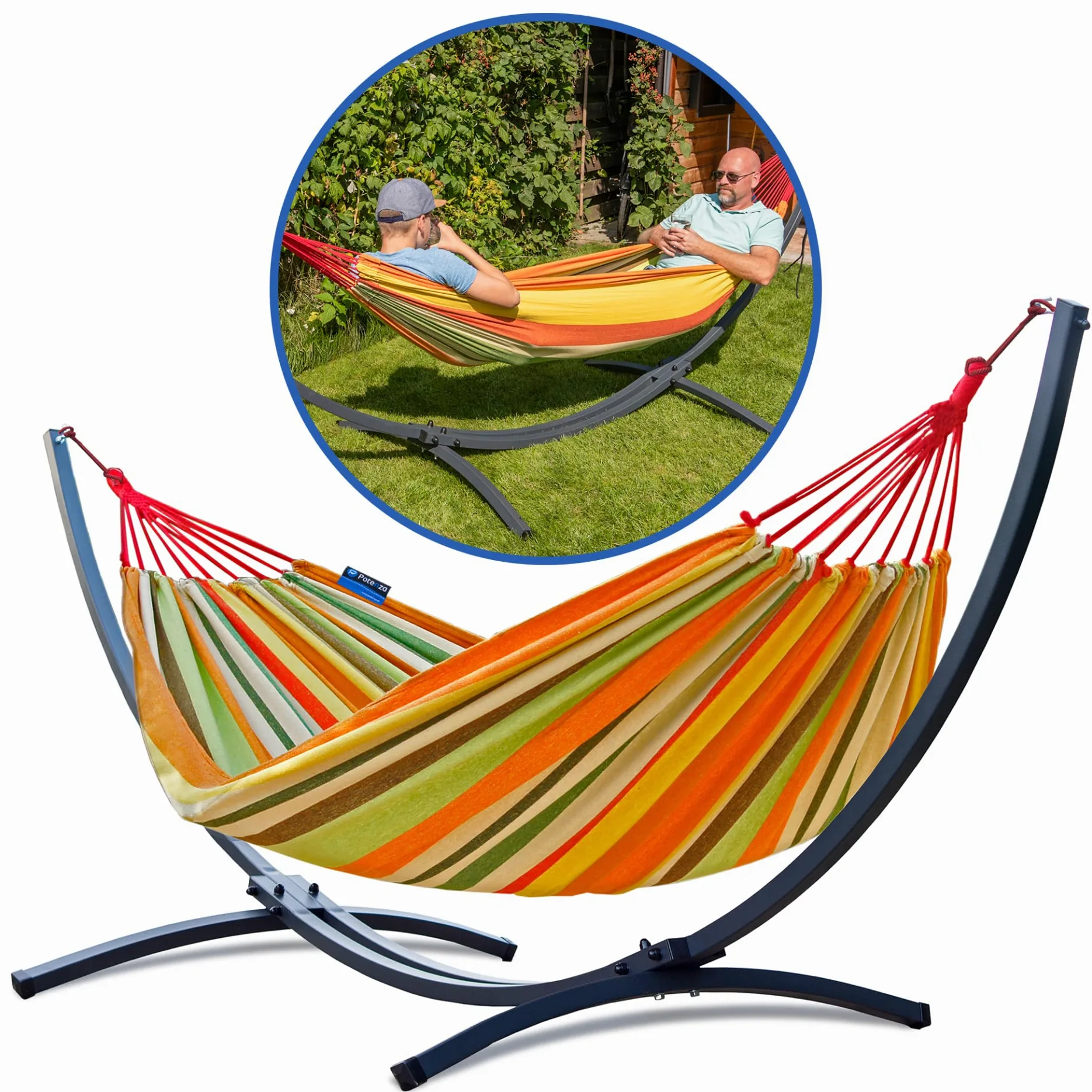 Potenza® Hamac avec Support Métal pour 2 Personnes - Démontable - Charge Max 220 kg - Double XXL - Plus de Stabilité - Graphite/Orange