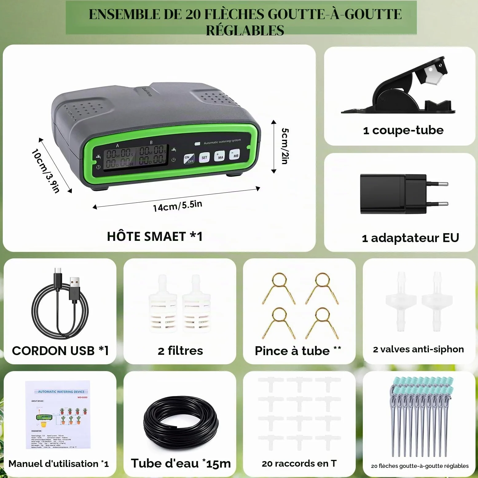 Arrosage automatique intérieur, système d'irrigation avec double pompe, contrôle indépendant, quantité d'eau réglable, kit d'irrigation goutte à goutte DIY pour 20 plantes en pot, idéal comme système