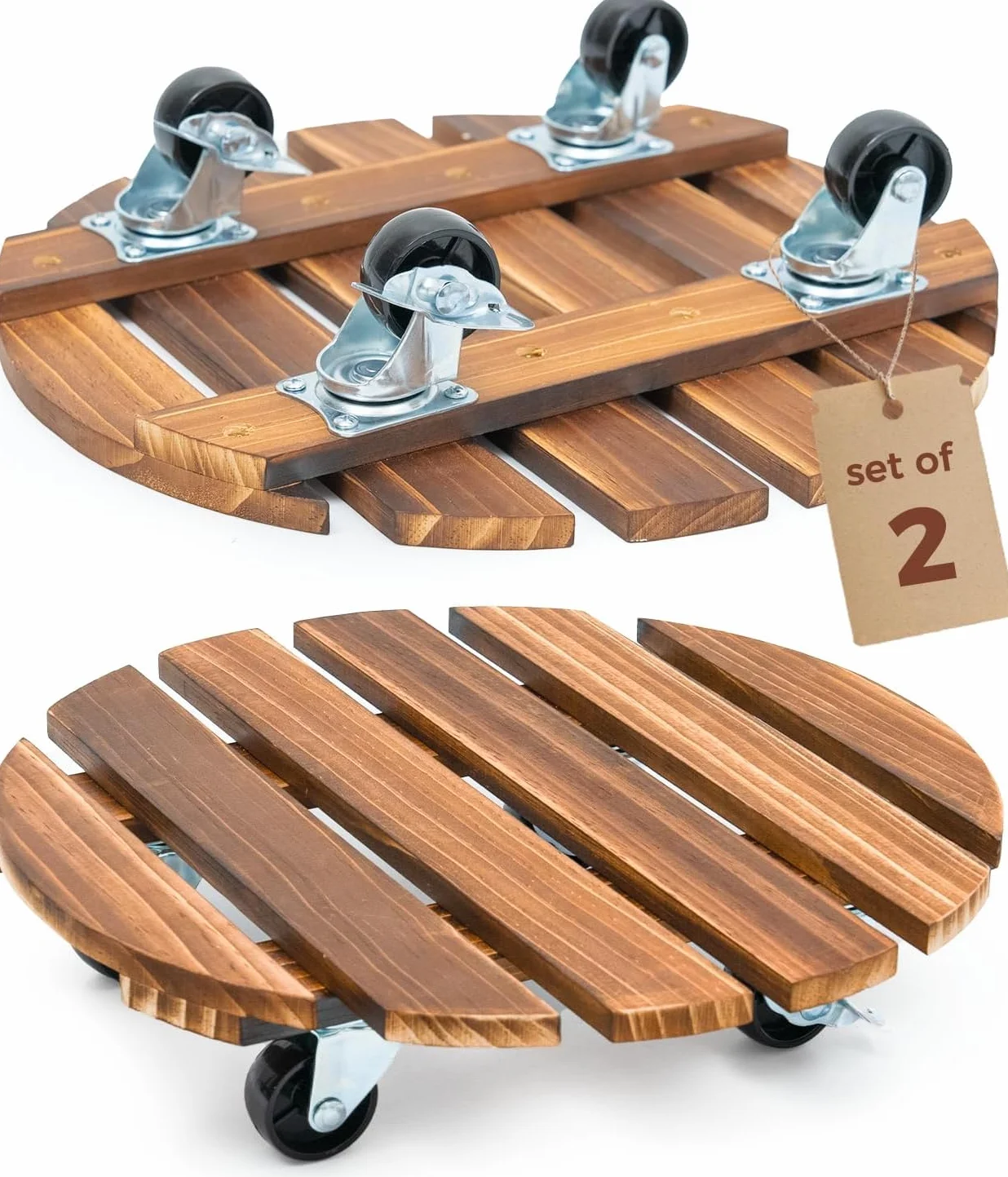 Bamworld Lot de 2 paniers à plantes en bois 35,6 cm avec roulettes – Chariot robuste 108,9 kg roues verrouillables 360°