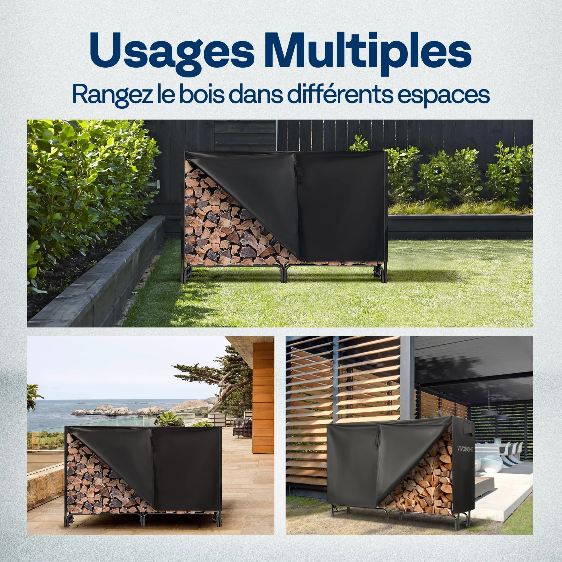 VIVOHOME Étagère pour Bois de Cheminée Housse Anthracite 183×123×35cm Support Bûches Chauffage Robuste Imperméable