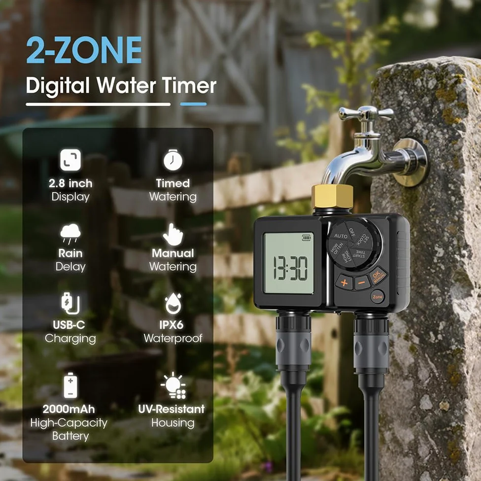 Programmateur Arrosage 2 Voies, Arrosage Automatique avec Écran LCD et Fonction Arrosage Manuel, Minuterie Arrosage, Programmateur Arrosage Automatique pour Jardin, Pelouse