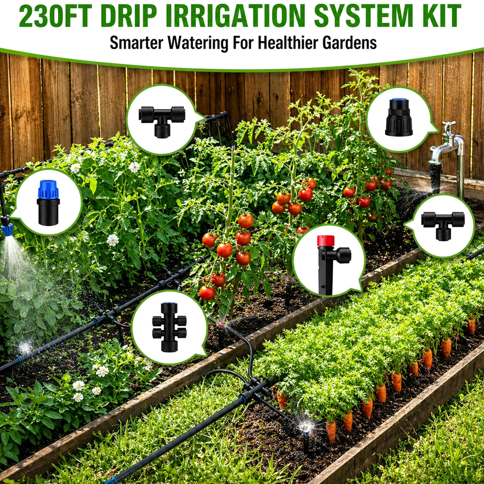 Kit de système d'irrigation goutte à goutte de 10 m, système d'arrosage goutte à goutte avec tubes à connexion rapide de 1,27 cm et 1,3 cm, goutteurs et pulvérisateurs réglables, système d'irrigation