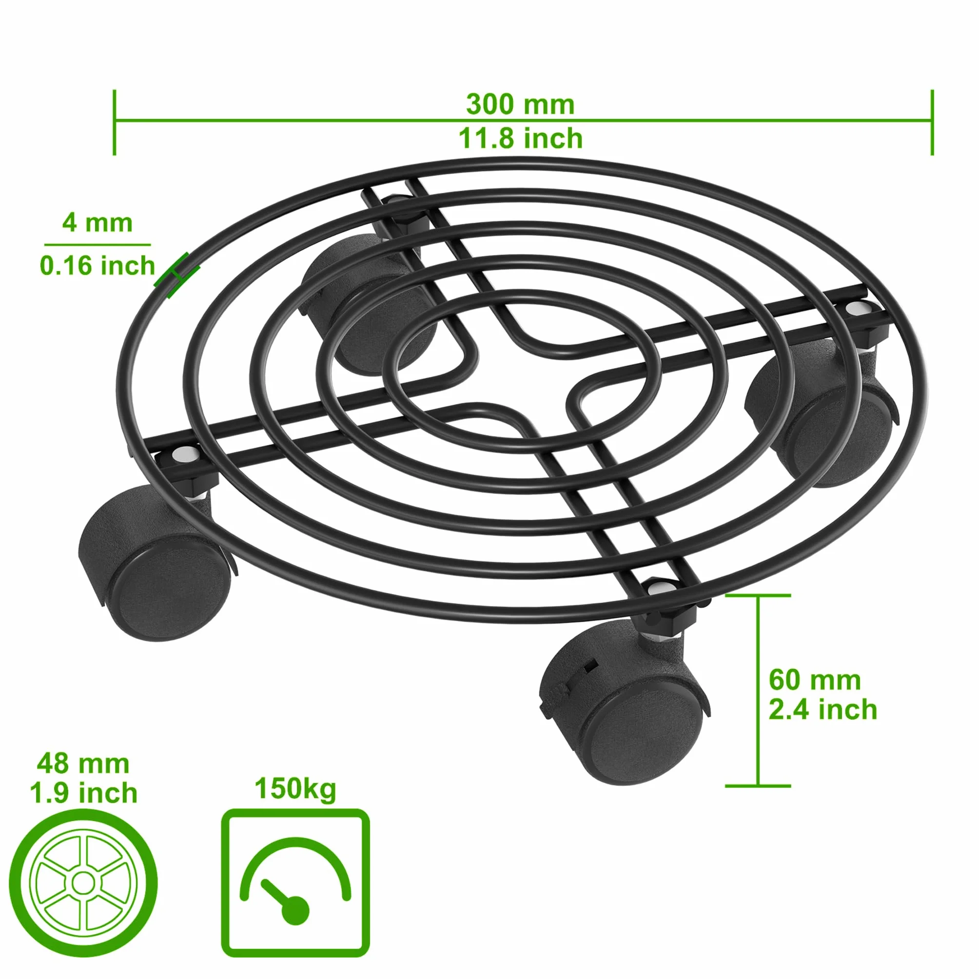 Chariot pour plantes d'extérieur 30 cm roulettes pivotantes 360° 150 kg pied de parasol poubelle citerne