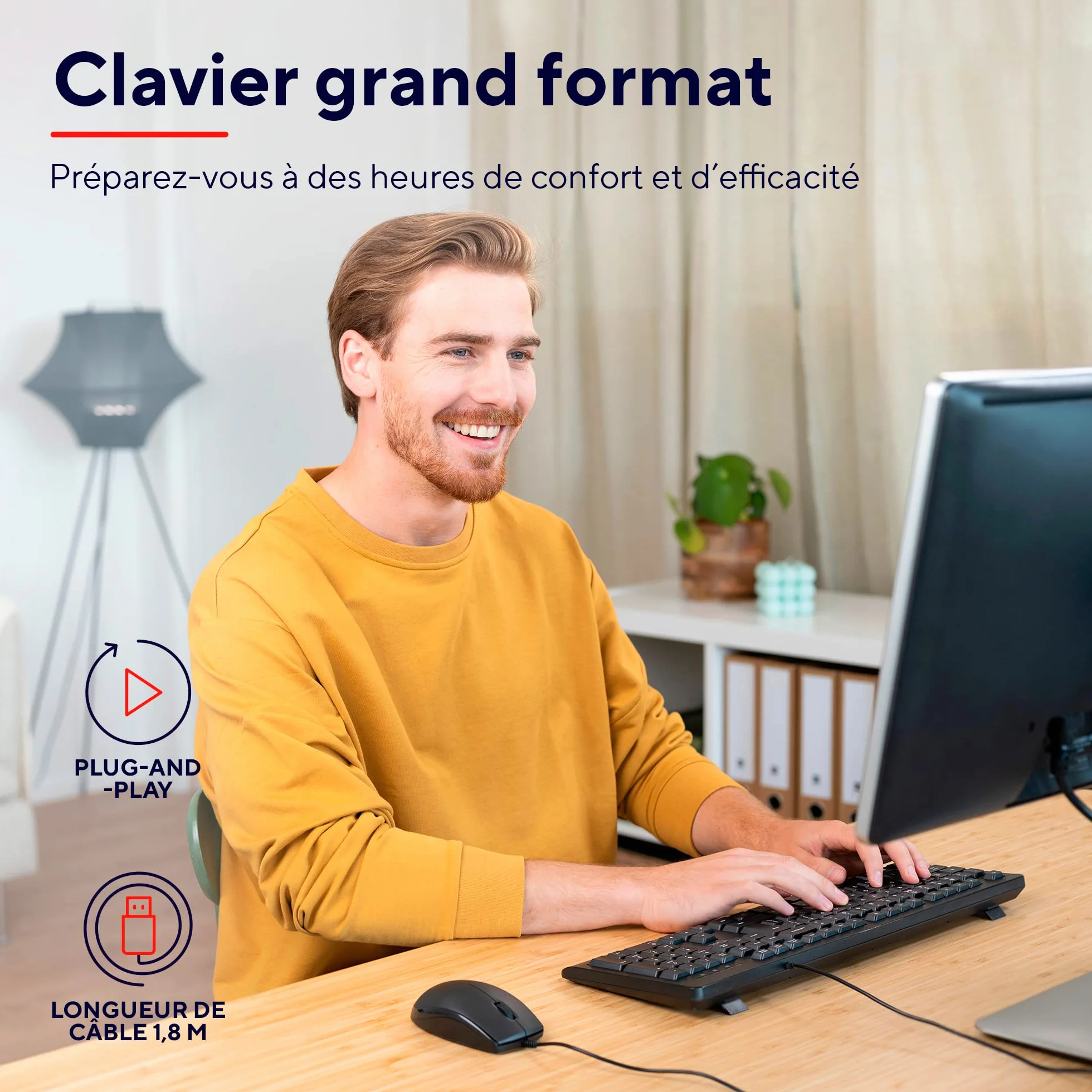Trust Taro Clavier Filaire AZERTY Français Résistant aux Éclaboussures Silencieux USB 1.8 m Touches Plates Noir