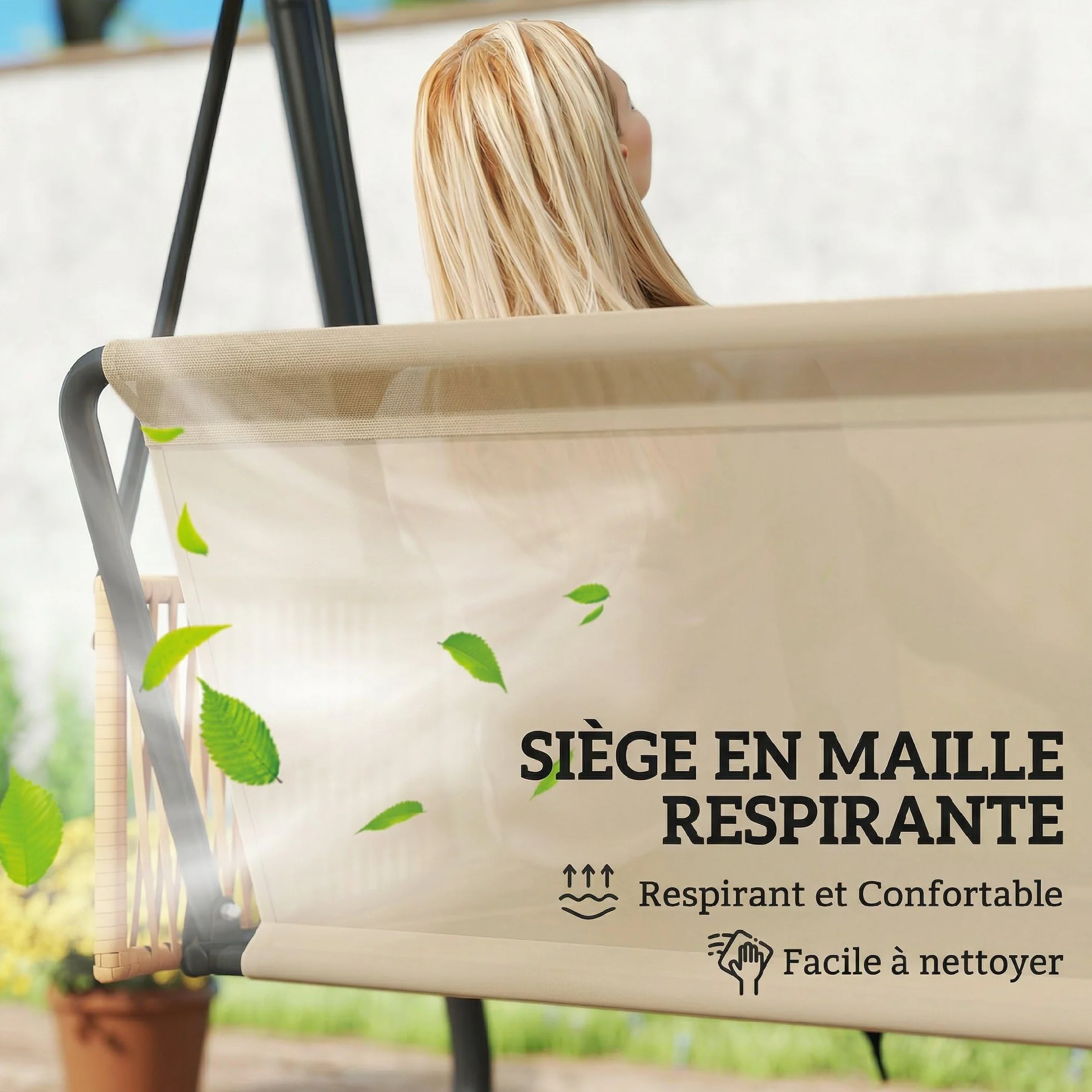 Outsunny Balancelle de Jardin 3 Places Toit Réglable UPF 30+ Acier 360kg Coussin 7cm Banc Suspendu Extérieur Terrasse Sable