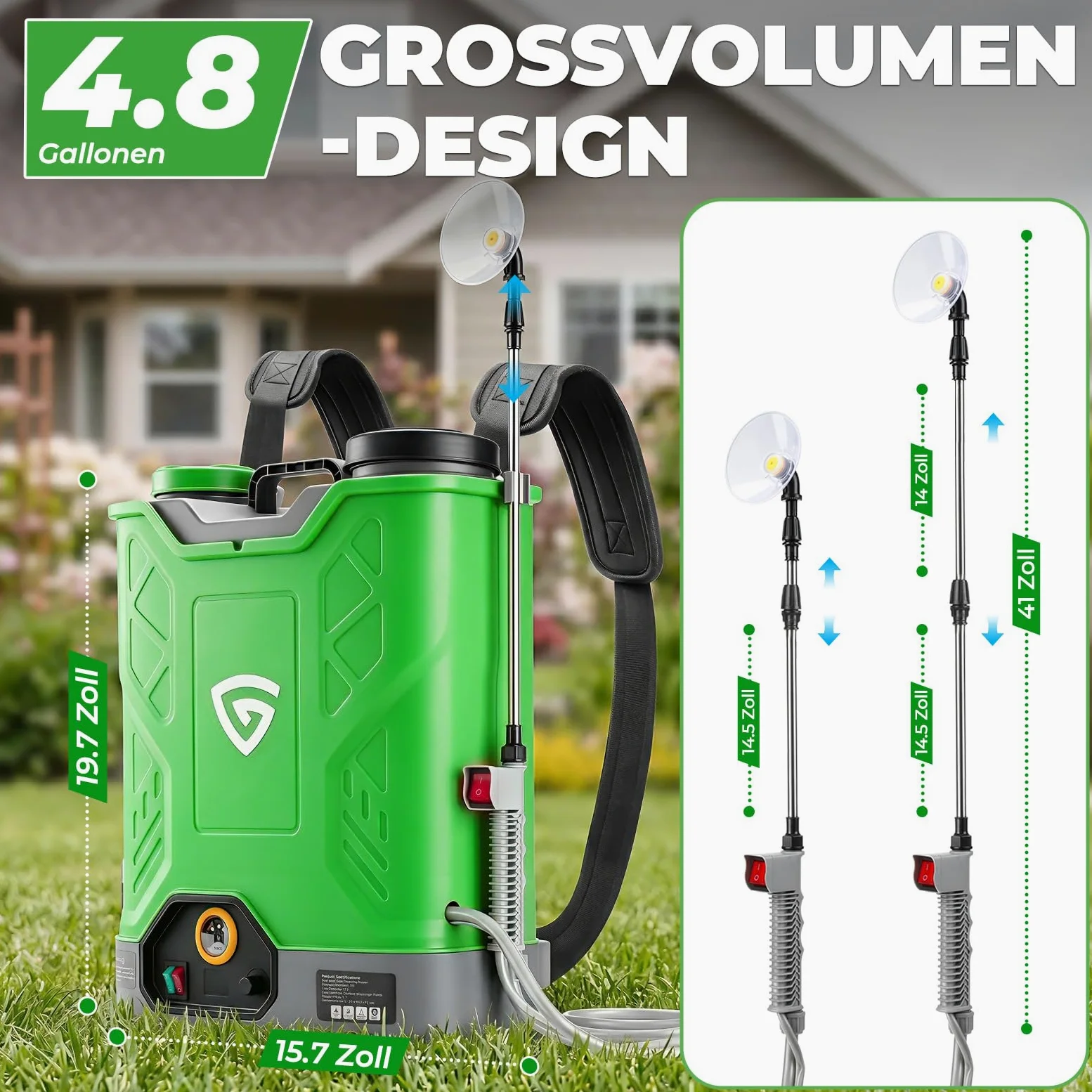 Pulvérisateur à pression sans fil 18 l avec 2 batteries 21 V 4,0 Ah, pulvérisateur arrière avec pression de 0 à 100 psi, système de mélange, 7 buses et lance télescopique, pour jardin