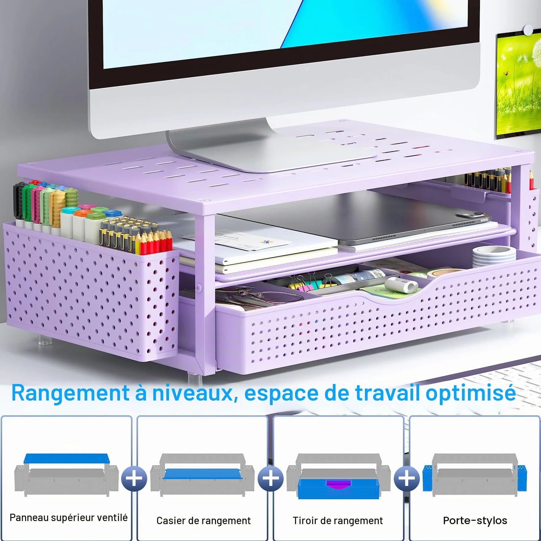 Gianotter Support de Moniteur avec Tiroir et Porte-stylos, Organisateur de Bureau Violet