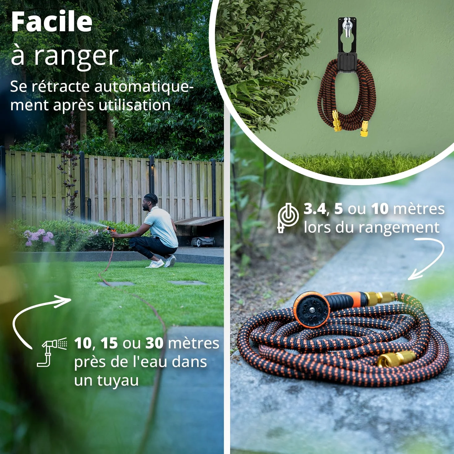 FlinQ Tuyau d'Arrosage Flexible 30 m - Noir/Orange | Extensible avec tête de pulvérisation et support | Sans nœuds | Sac de rangement inclus