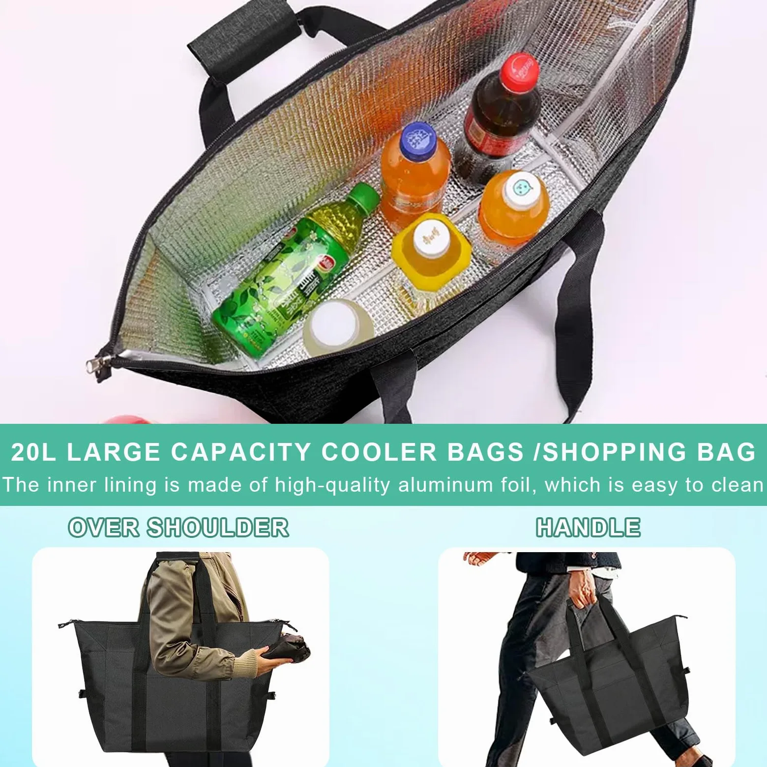 20L Sac Isotherme Course Pliable et Étanche, Grand Sac de Plage Isotherme avec Doublure Rigide, Portable Glaciere Souple Isotherme pour Repas Travail, Pique-nique, Lunch, Camping & BBQ - Noir
