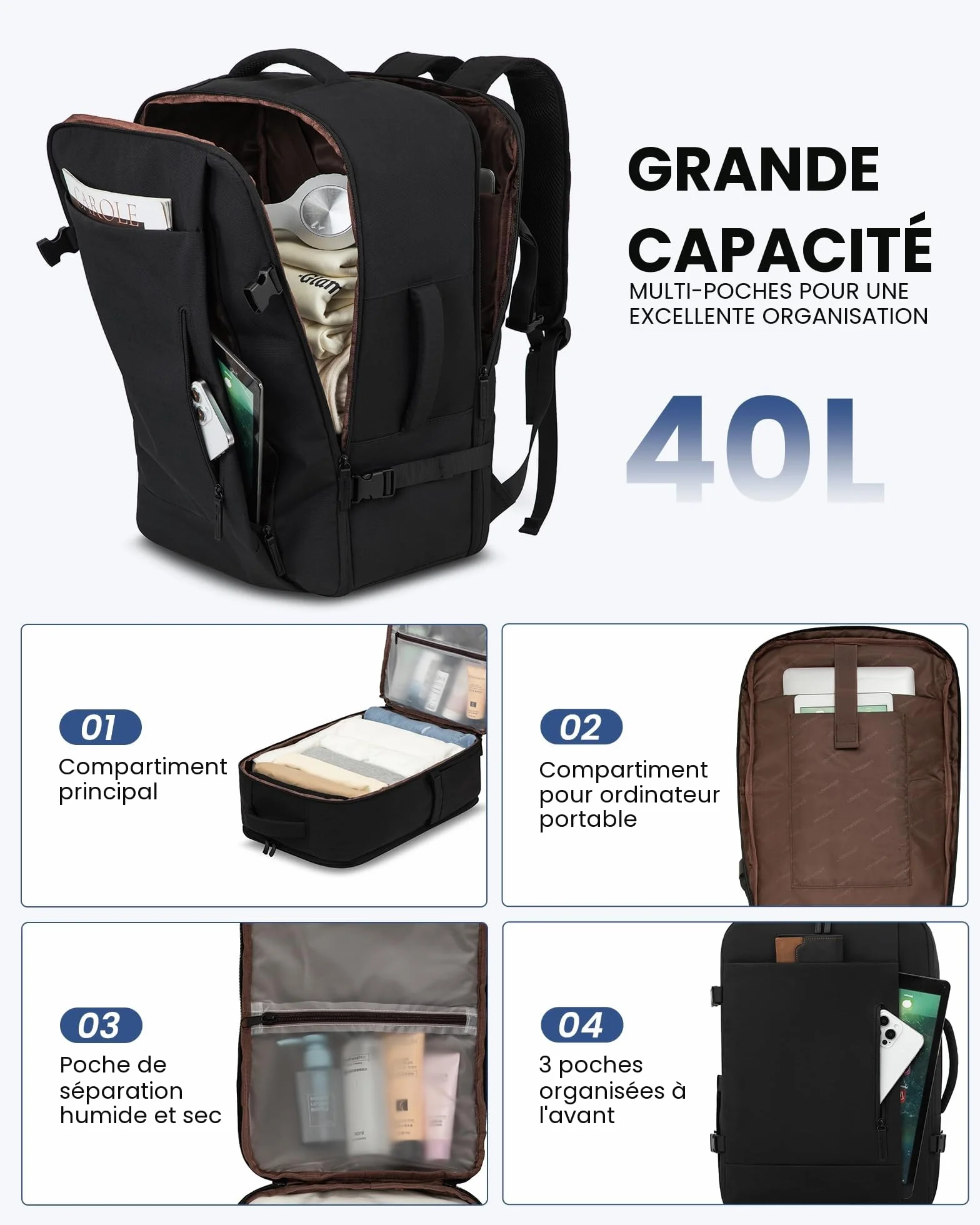 LOVEVOOK Sac à Dos Voyage Cabine Avion 40L Imperméable Ordinateur Portable 17,3 Pouces Homme Femme Noir
