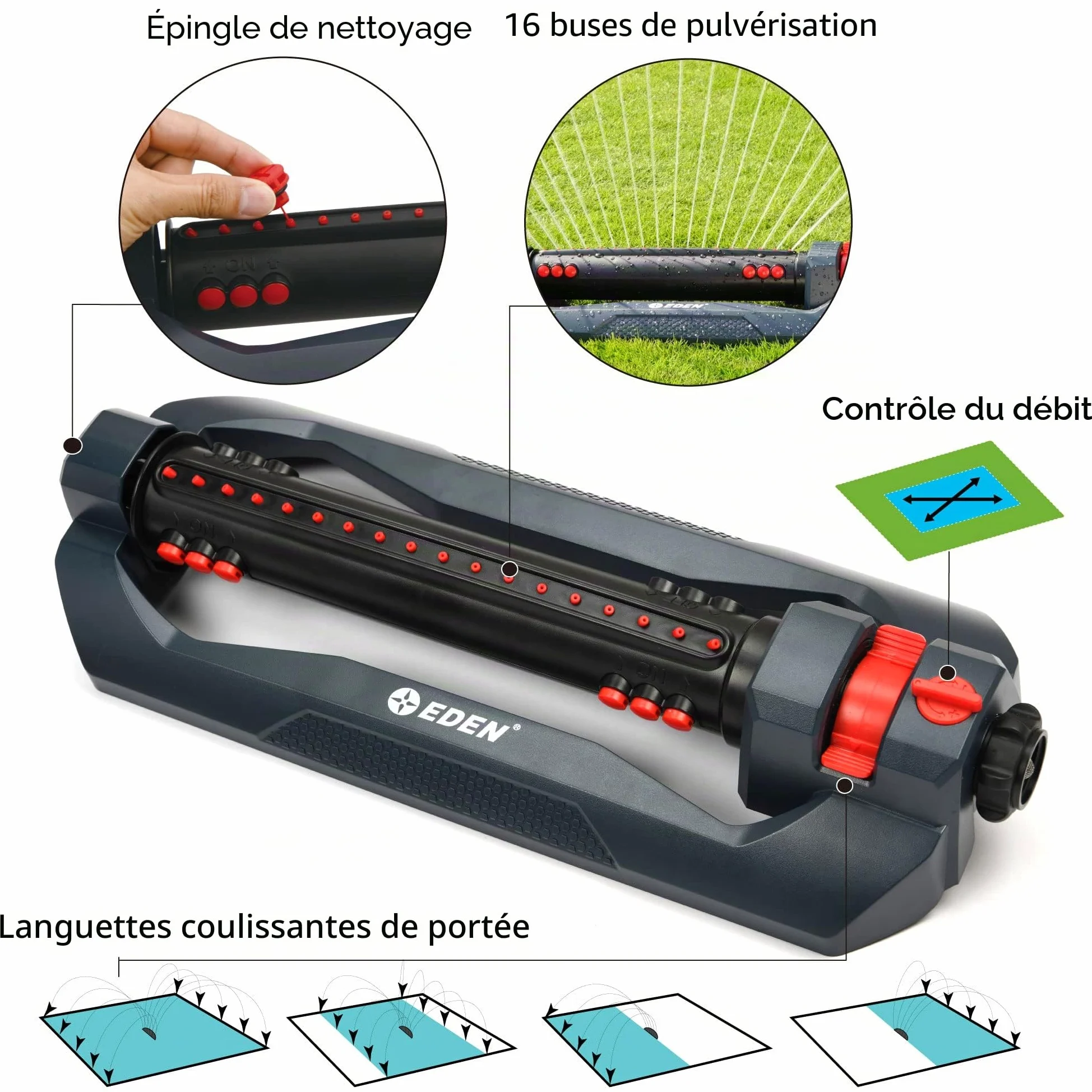 Eden 96212 Arroseur oscillant Turbo, Couvre jusqu'à 4 499 m², 18 Buses de précision, Base lestée, Commandes de débit et de Largeur, Plage réglable, interrupteurs à Triple buse, connexions Rapides