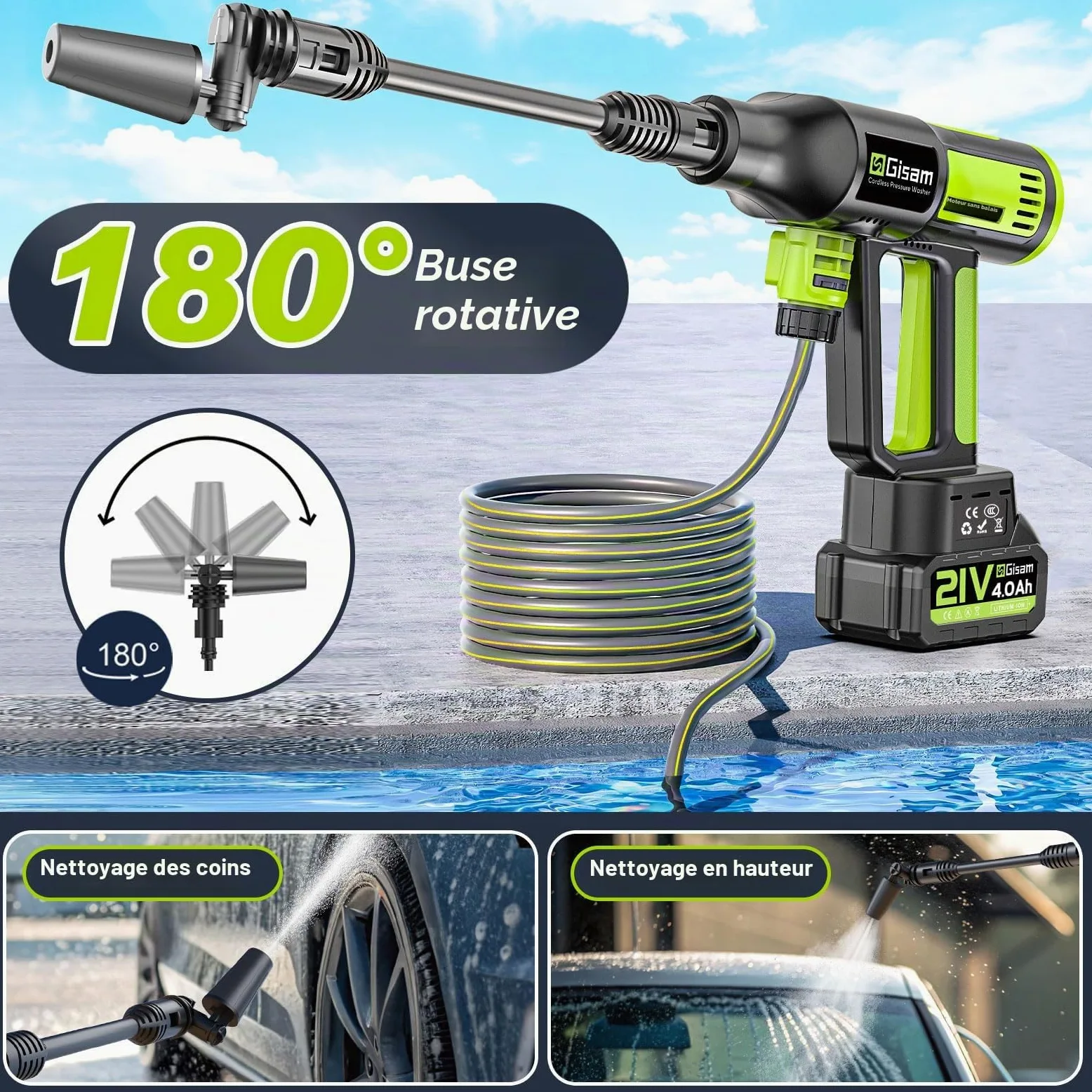 highsam Pressure Washer Nettoyeur Haute Pression sans Fil 4 Vitesses Max. 120 Bar avec 2 Batteries 4,0 Ah, buse rotative 6 en 1 et 180 °,Tuyau De 5 M,Nettoyage Arrosage