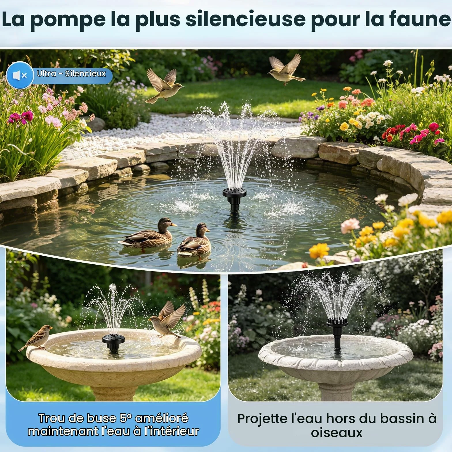 Pompe Solaire Bassin Exterieur 8W,avec 8 Buses,Effet Double Couche | avec Batterie 3600 Mah,Protection Contre Surchauffe,Pompe Solaire pour Bassin,Bain d'oiseaux,Jeu d'eau De Jardin