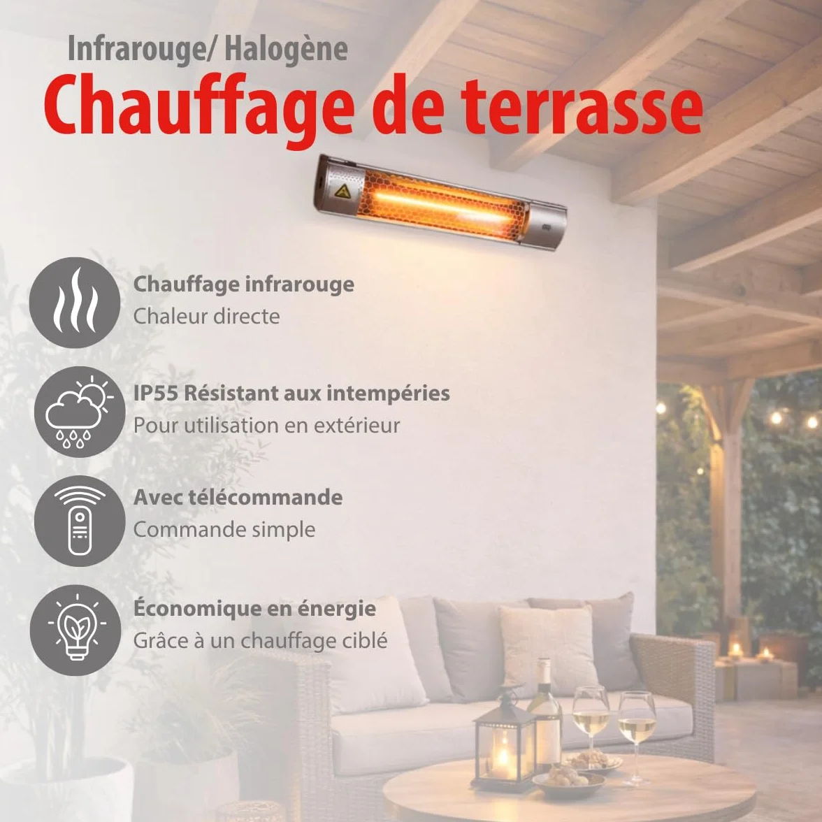 Alpina Radiateur Électrique Infrarouge 2000W IP55 Montage Plafond Mural 67,5 x 10,5 x 7 cm