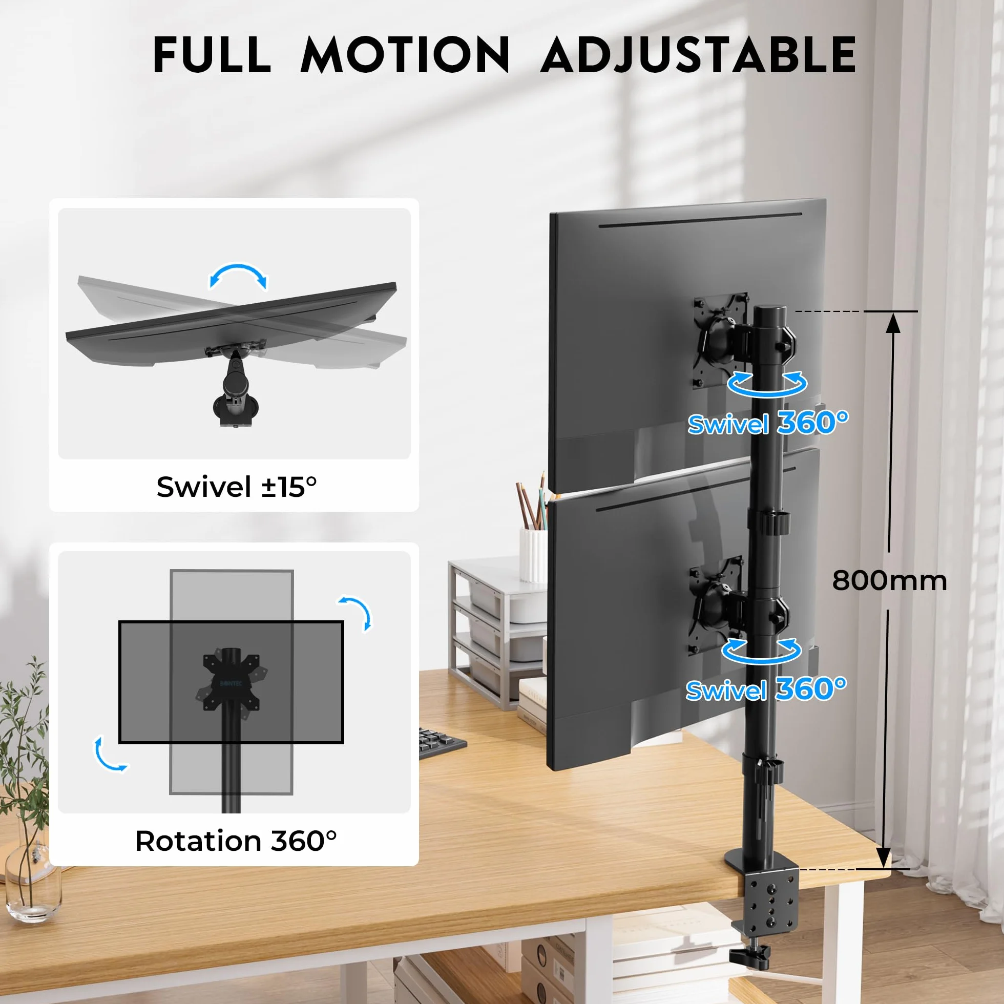 BONTEC Support Ecran PC Double Vertical pour 2 Moniteurs 13-34 Pouces, Bras Articule VESA 75x75/100x100mm, 10kg, Rotation 360, Inclinaison ±15°, Pince en C
