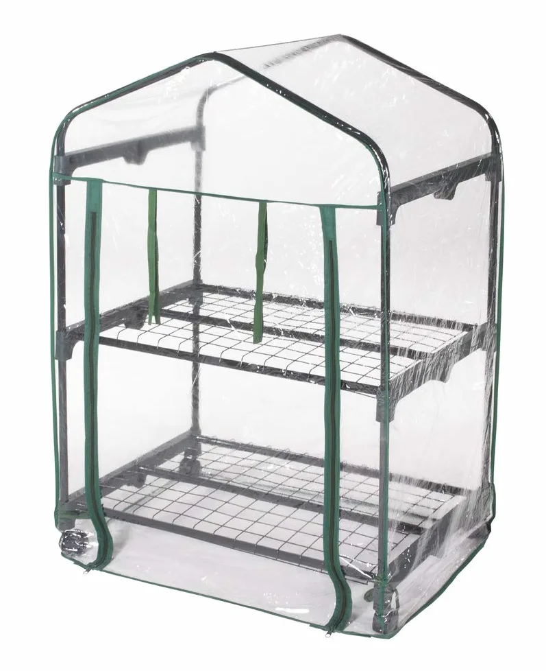 Serre avec 2 étagères en acier avec roues et bâche PVC transparente L 69 x P 49 x H 98