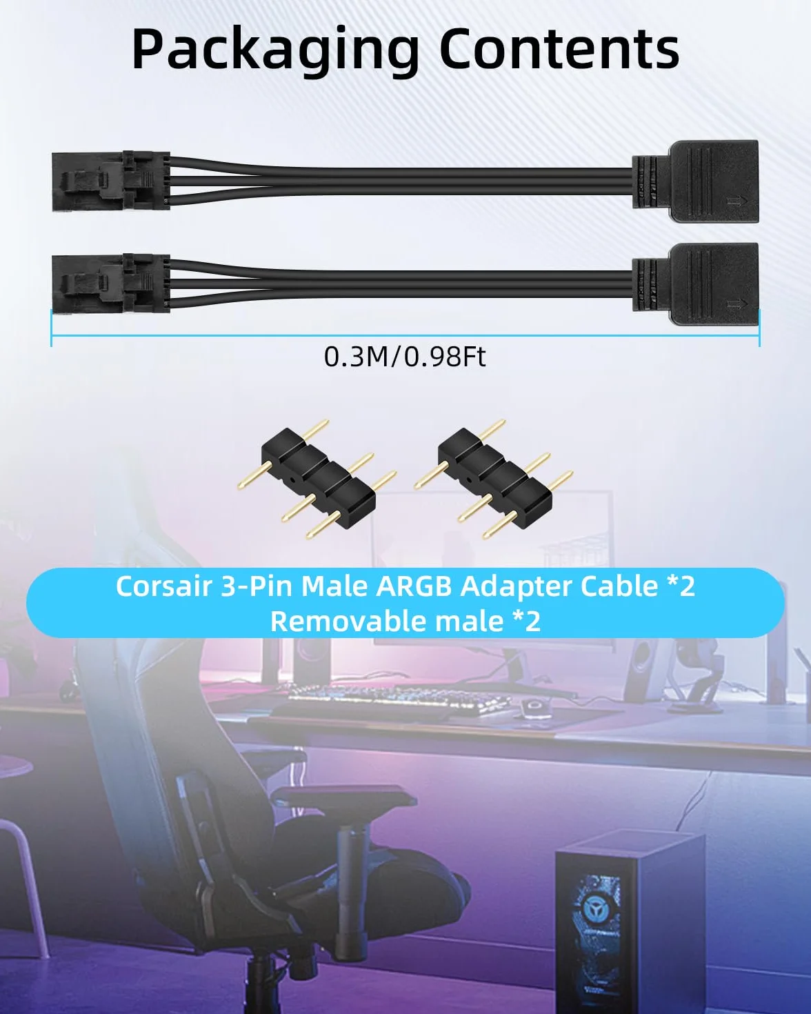 Câble Contrôleur RGB 3 Broches vers ARGB 3 Broches pour Hub RGB Corsair, Compatible Commander Core iCUE Commander Core XT Lighting Node Core, Lot de 2