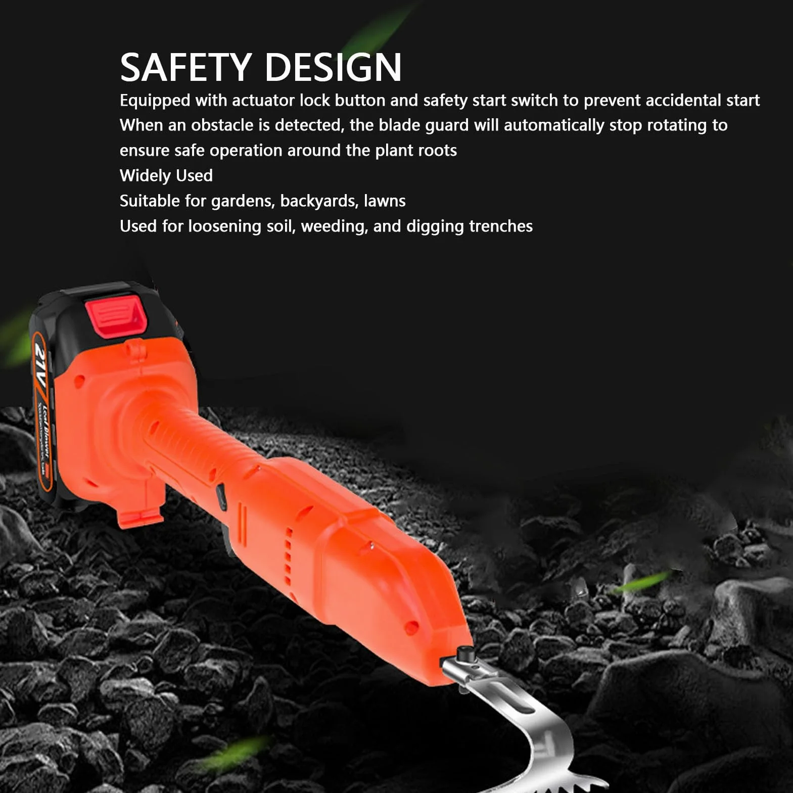 Houe d'excavation sans Fil, têtes à 5 et 11 Dents, Conception légère | Cultivateur de jardin alimenté par batterie avec poignée ergonomique pour le désherbage et l'ameublissement du sol