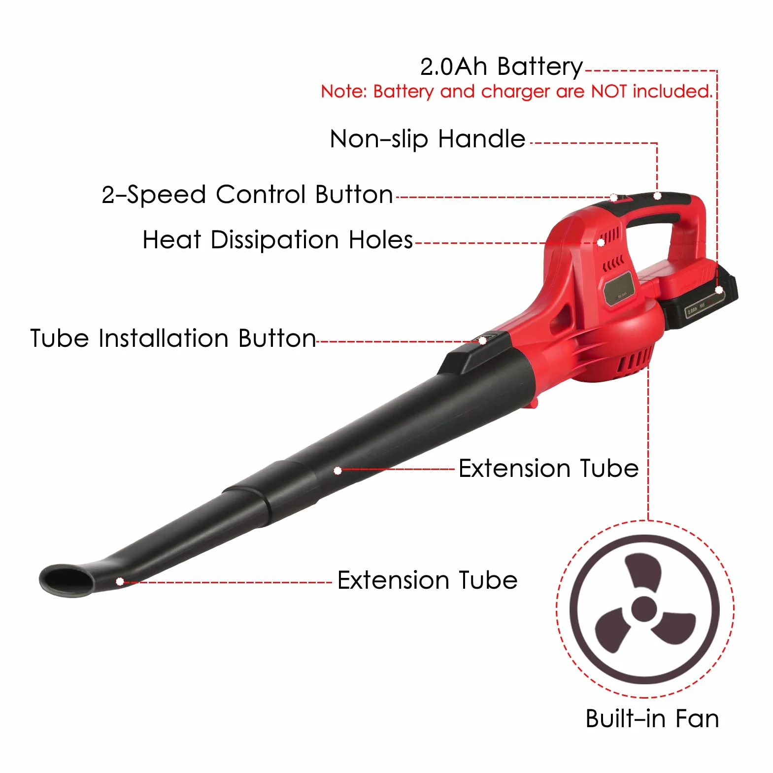 Weytoll Souffleur à Feuilles 20 V, léger, Portable, avec 2 Tubes d'extension Amovibles et Batterie de 2,0 Ah, pour gouttières, Jardins, pelouses