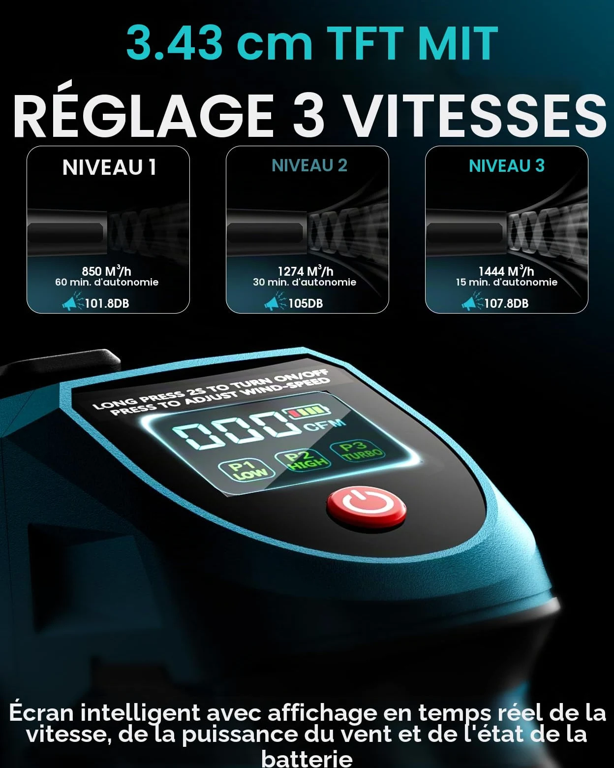 Souffleur de Feuilles sans Fil 1444m³/h 402km/h Moteur sans Balais 2x5,4Ah | Souffleur Batterie Vitaler avec Écran TFT 1,35", Chargeur Rapide 2,0A pour Jardin, Pelouse, Feuilles, Poussière et Neige