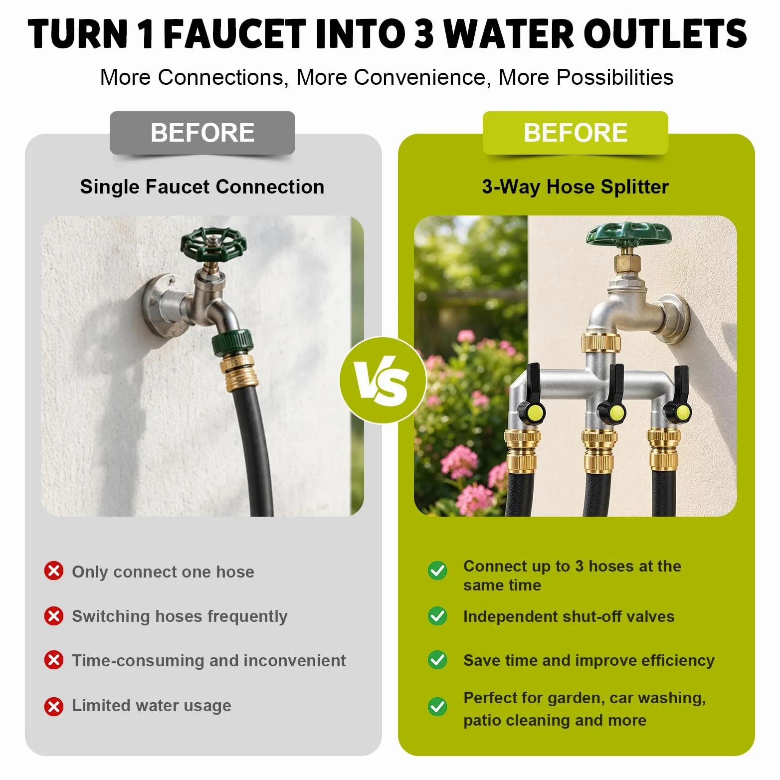 Répartiteur de Tuyau d'arrosage 3 Voies en Laiton avec Adaptateur | Adaptateur 3/4" vers 1/2", vannes à boisseau sphérique, levier allongé, jardin, maison, arrosage