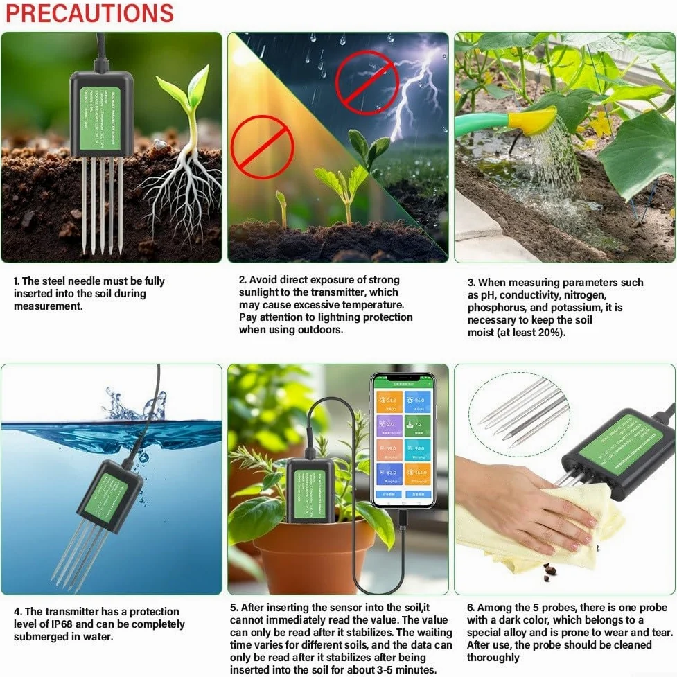 Bodenfeuchtesensor USB 8 en 1 avec PH/EC/Temperatur/Feuchtigkeitsmessung, IP68 wasserdichtes Epoxidharz und Metallsonde, kompatibel mit Android, noir