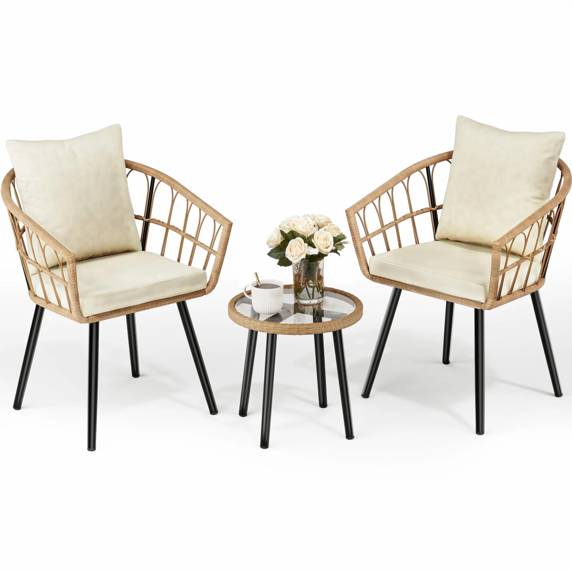 Pamapic Salon de Jardin 3 Pièces Ensemble Meubles de Jardin en Rotin avec Table Ronde et 2 Chaises