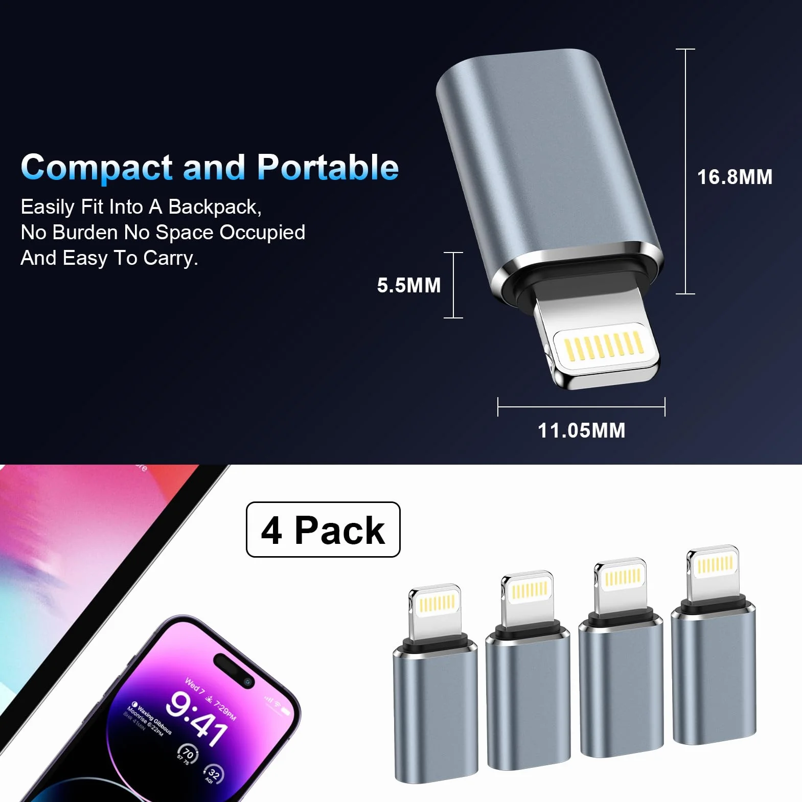 Gaef Adaptateur USB C vers Lightning Lot de 4, Charge Rapide PD pour iPhone 14 Pro Max/14/13/12/11/iPad/Airpods