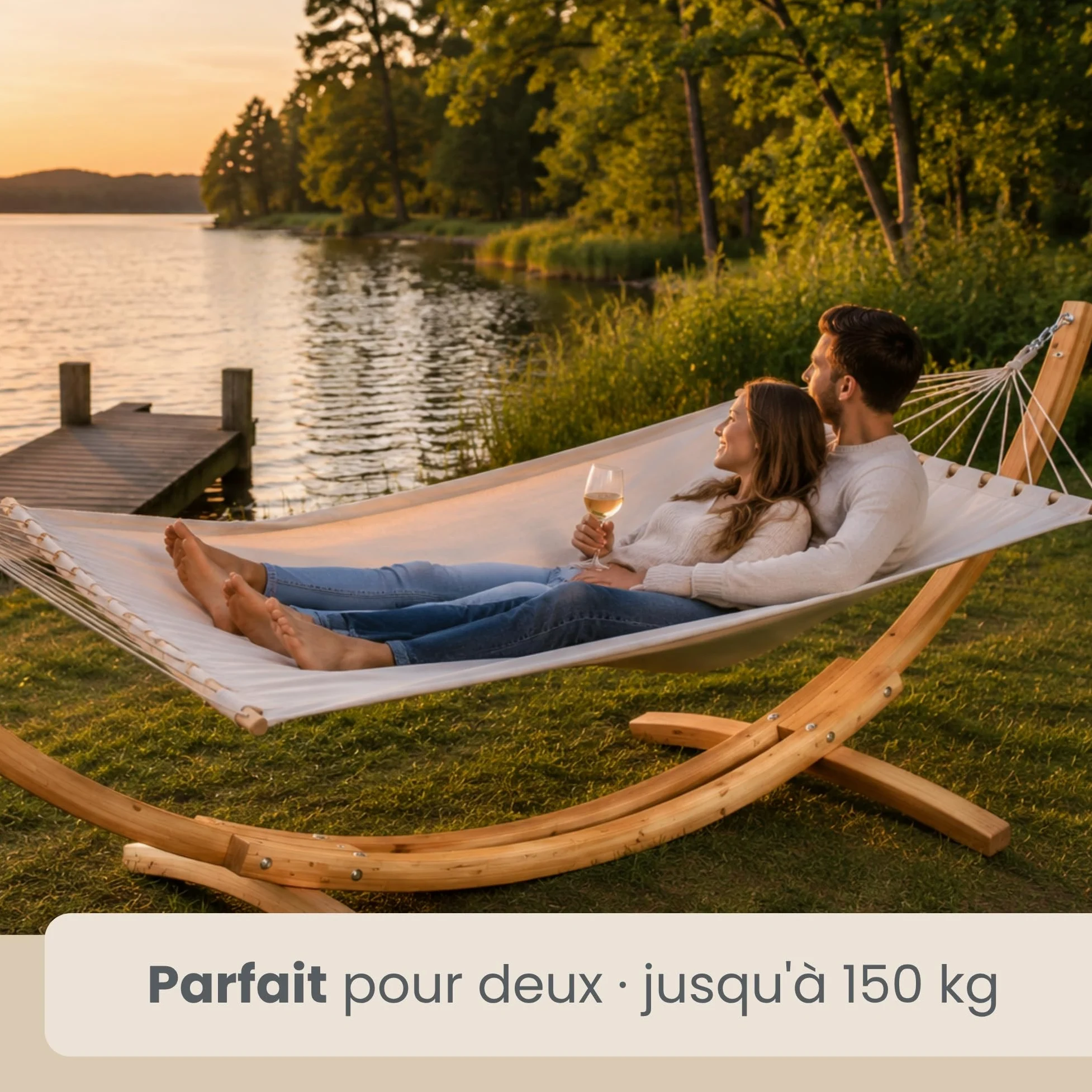 AMANKA Hamac XXL avec Support en Bois de Mélèze - Charge Maximale 150 Kg - pour 2 Personnes - Toile de Coton Suspendue - Structure Stable et Durable avec Mousquetons - Accessoire de Détente