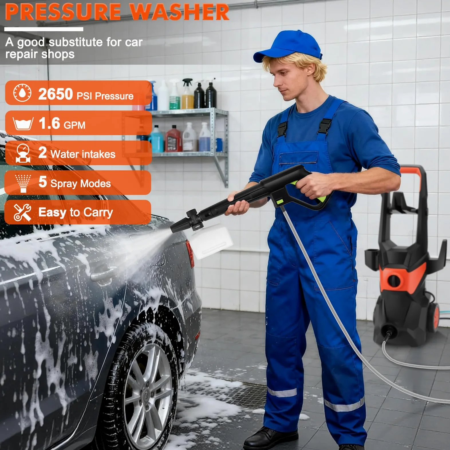 KAOLALI Nettoyeur Haute Pression électrique, 3000 W, Débit 336 L/h | Tuyau Haute Pression de 10m, avec 4 Buses, Lance à Mousse, pour Surfaces Extérieures et Autos