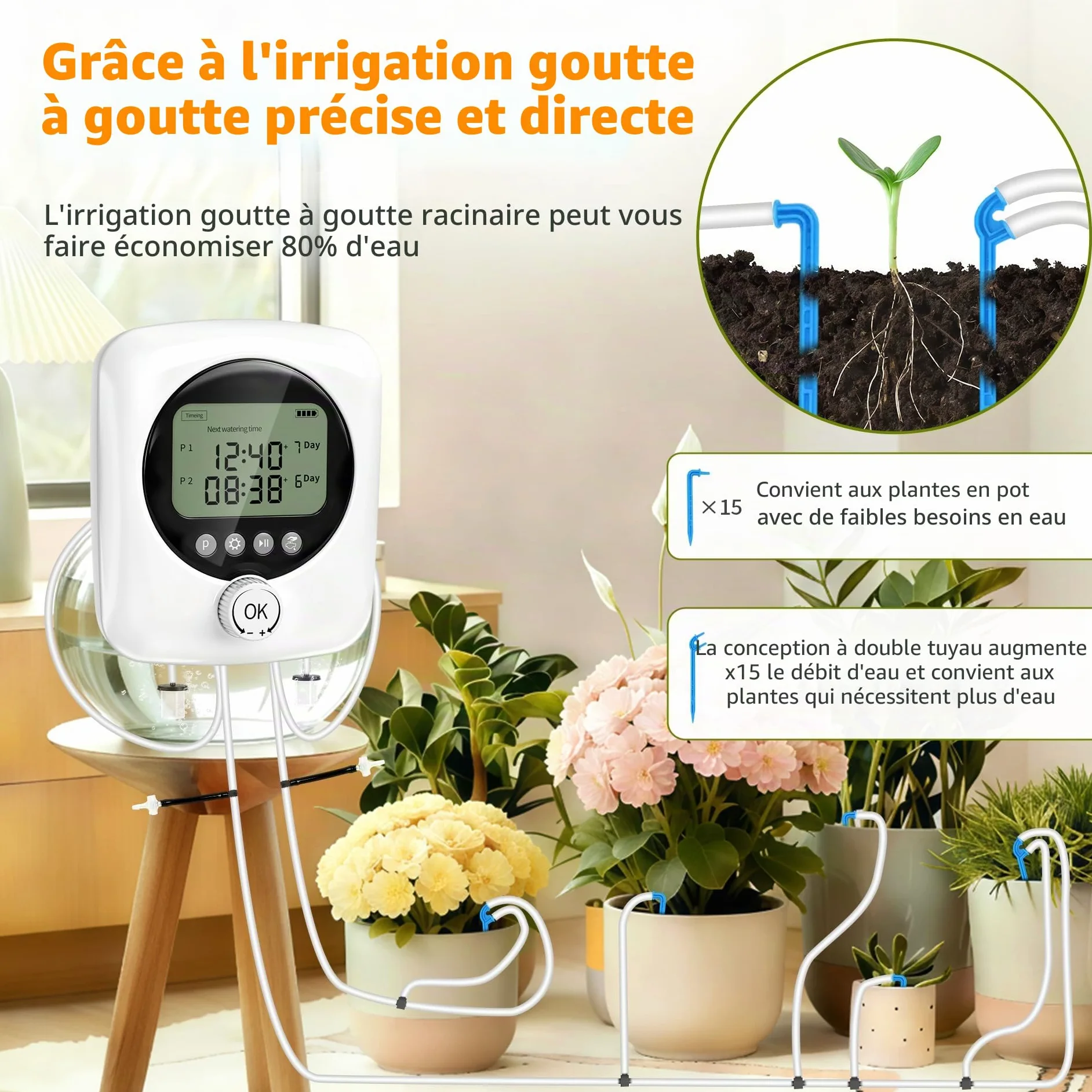 Arrosage Automatique Double Pompe Kit Goutte à Goutte Rechargeable USB-C 4400mAh, Programmateur avec Minuterie Réglable, Débit 800ML/Min, 20m Tuyau + 30 Goutteurs pour Jardin Balcon