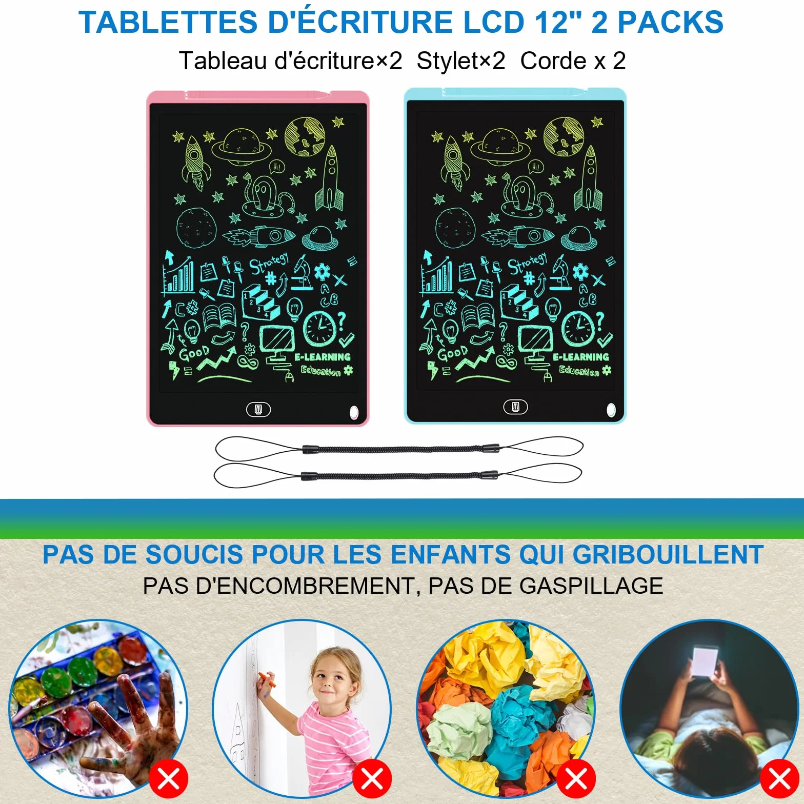 Electight Tablette Dessin Enfants 12 Pouces LCD Colorée avec Bouton Effacement Verrouillage Bleu Rose Violet