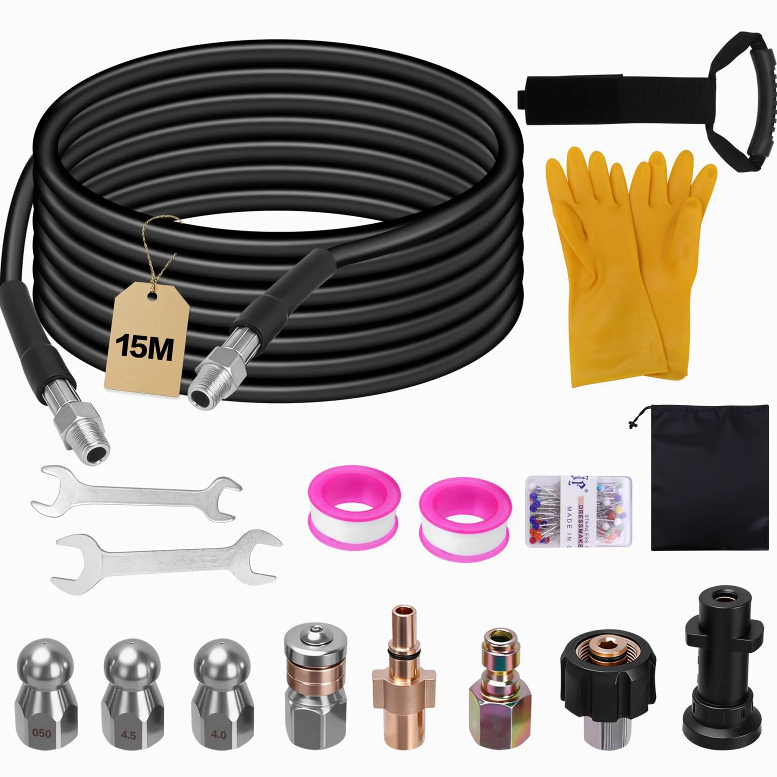 15M Tuyau Nettoyeur Haute Pression, Tuyau de Nettoyage de Canalisation, Tuyau de Rechange Haute Pression Compatible avec Karcher K2-K7, Inclut Adaptateurs, Buses, Sac et Ruban PTFE, 400 Bar 140°F