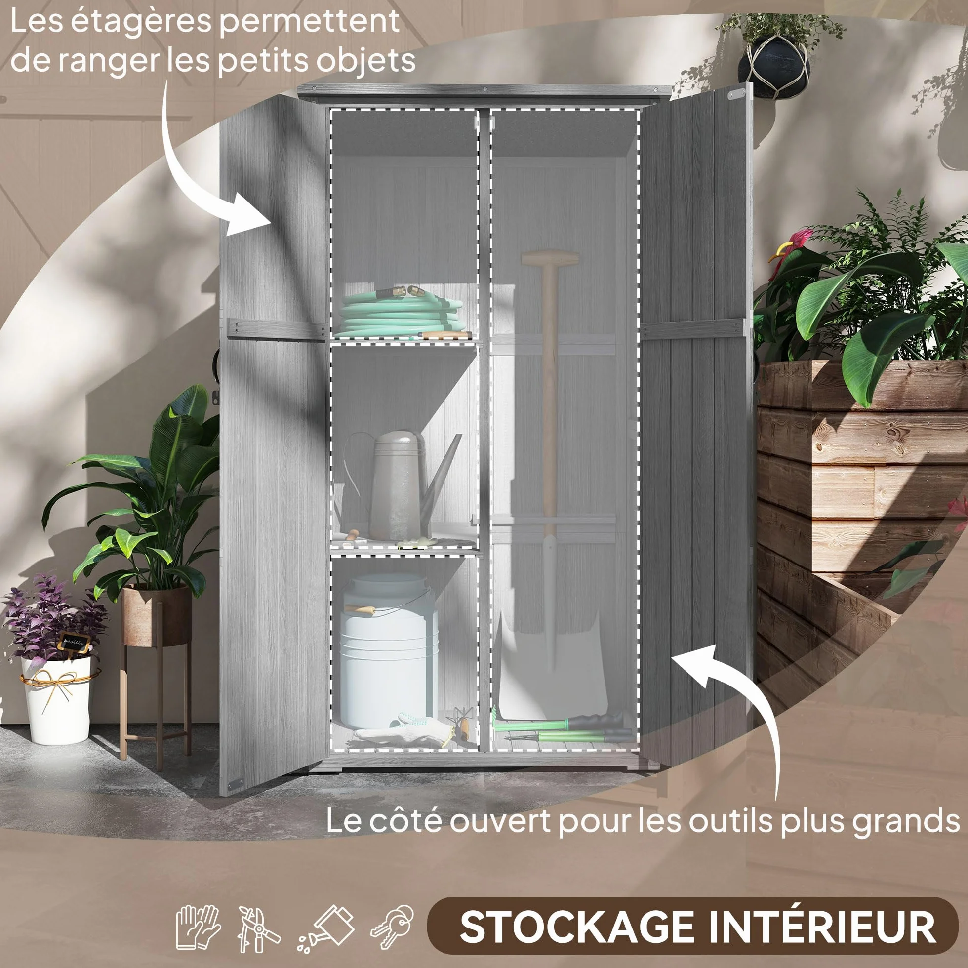 Outsunny Armoire de Jardin 90x54,5x161/168,5 cm Gris Bois Massif Toit incliné bitumé 2 étagères
