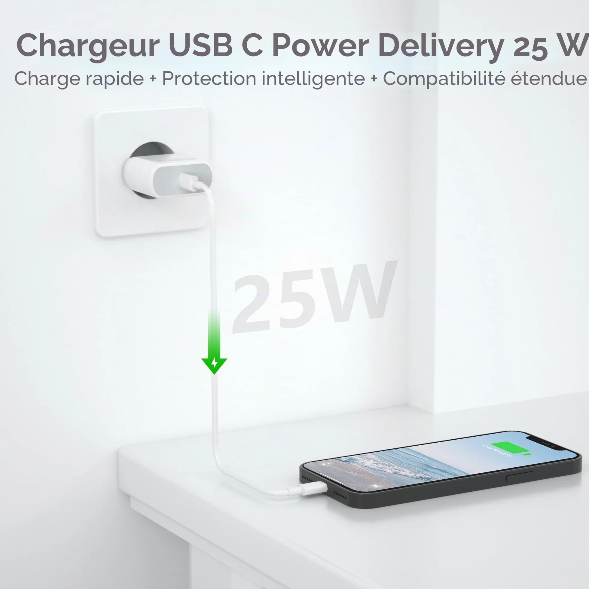 Chargeur Rapide 25W USB C Ecowaare pour iPhone 14 13 12 11 X SE 8 7 6 iPad avec Câble 2M