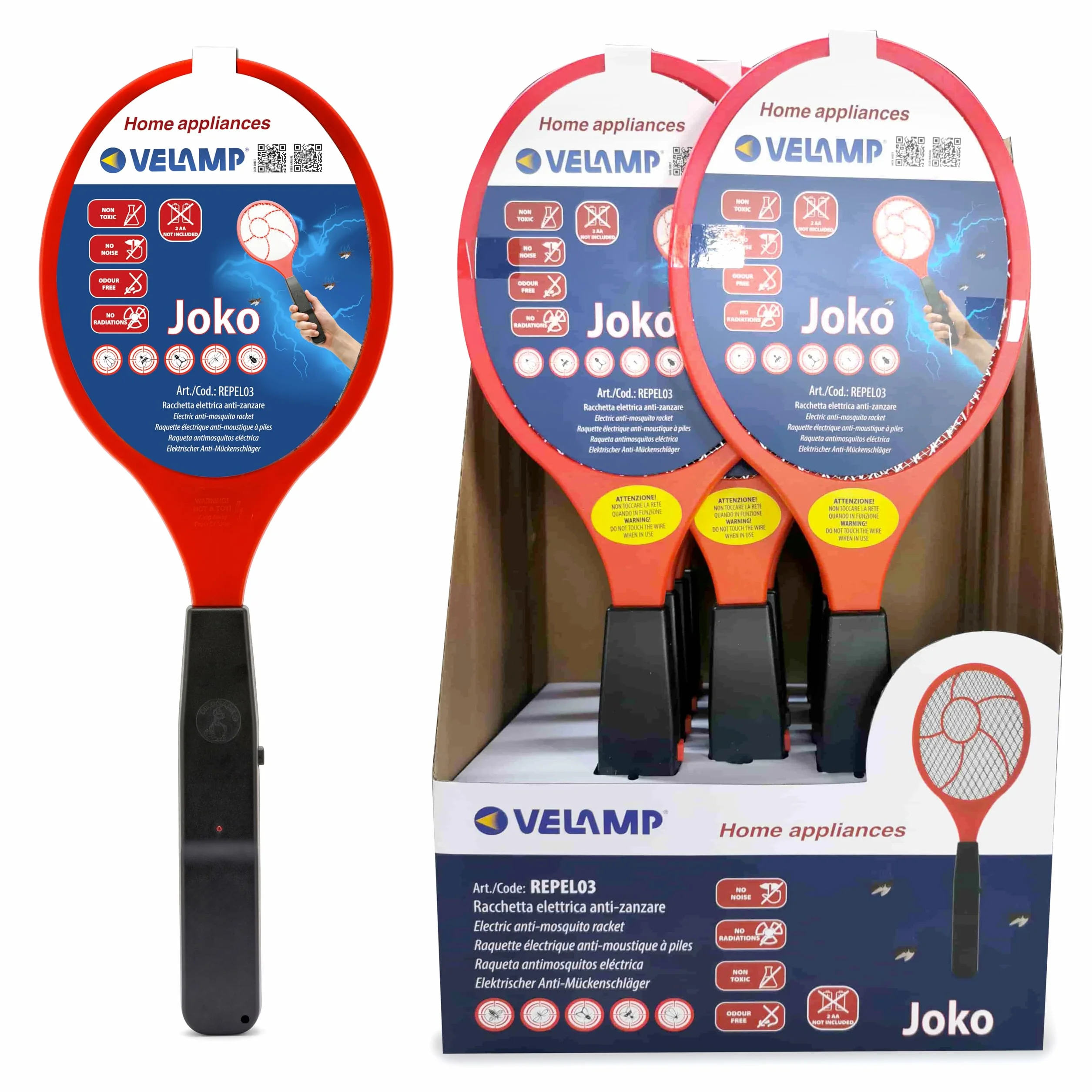 VELAMP JOKO REPEL03 Raquette Électrique Insectes Anti Moustique 1500V 3 Couches LED 16x44,5cm