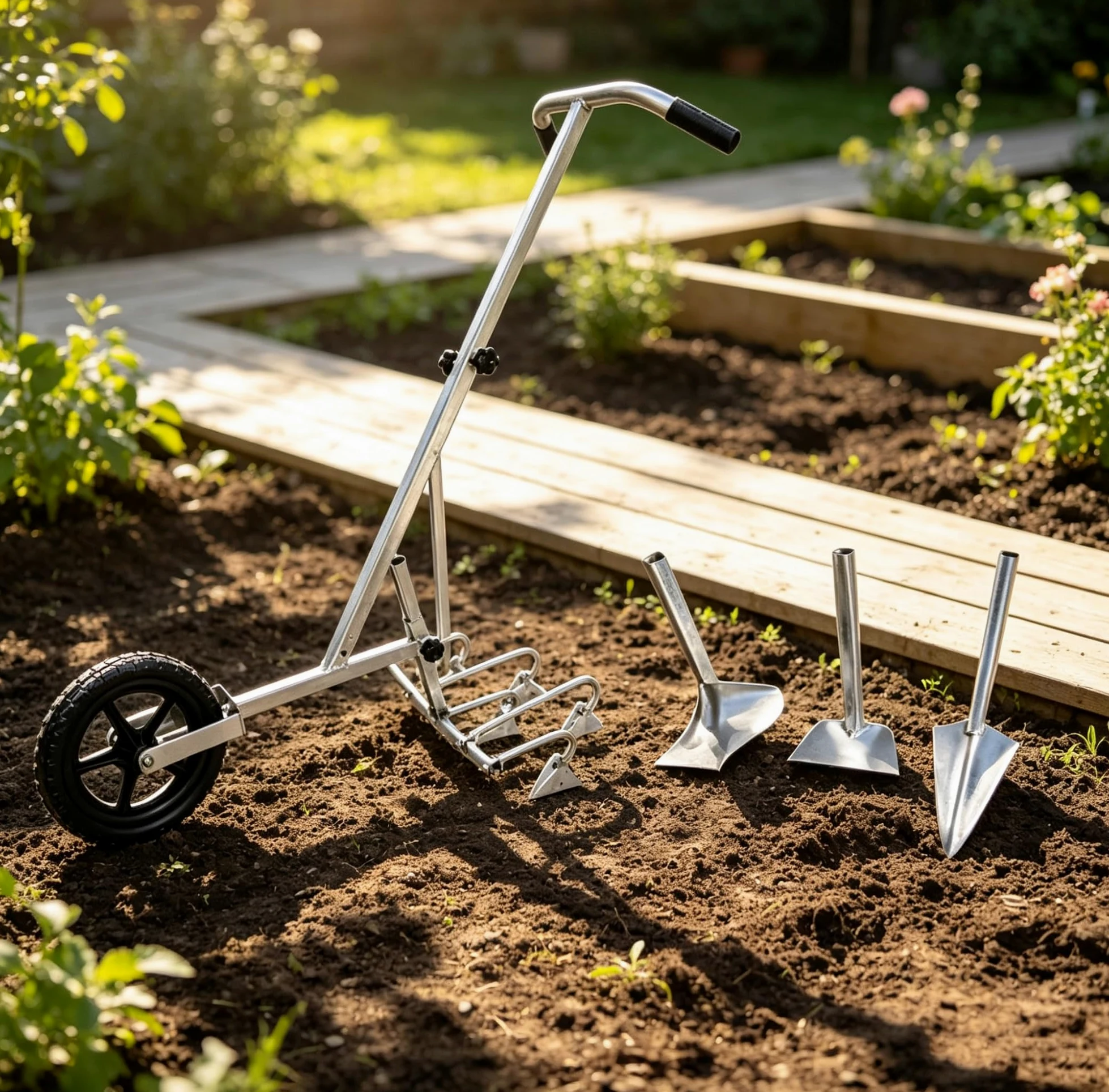 Cultivateur de Jardin Manuel à Roue – Charrue poussée à la Main 3 en 1 | Roue unique en caoutchouc, acier galvanisé et acier au manganèse – Idéal pour le jardinage et les plantations
