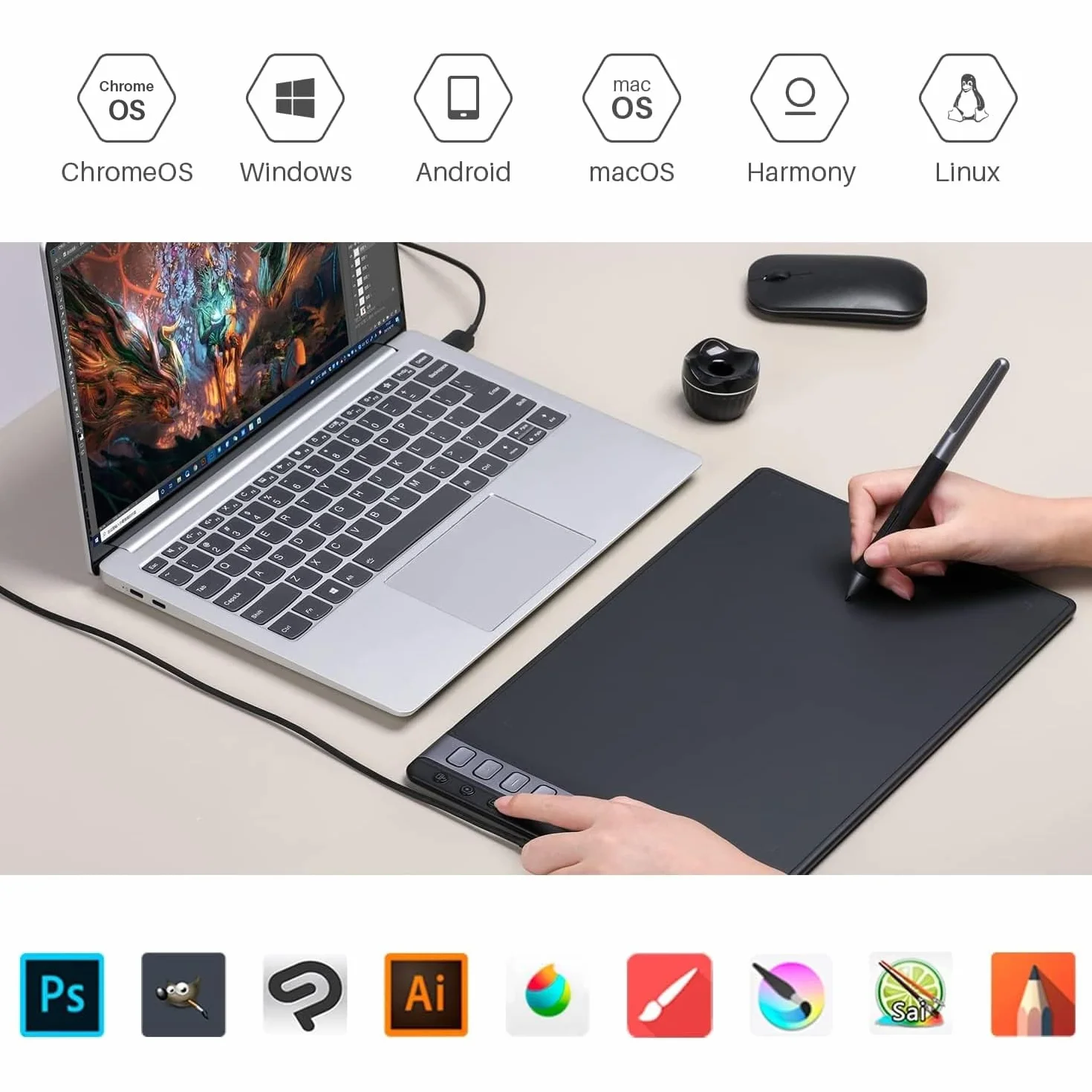 Huion Inspiroy 2 L Tablette Dessin Graphique 10,5 x 6,56 Pouces avec Stylet PW110 Sans Pile pour Mac Windows ChromeOs HarmonyOs Android