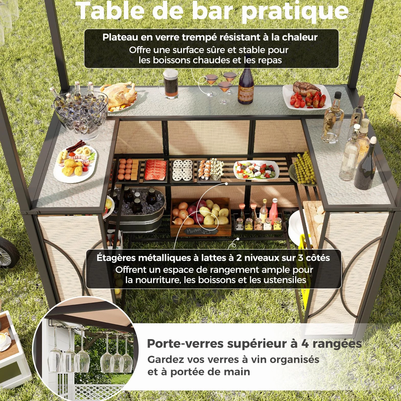 GOPLUS Abri Barbecue avec Bar d'Extérieur, Table de Bar en Verre Trempé, 2 Tabourets, 194 x 121 x 242 cm
