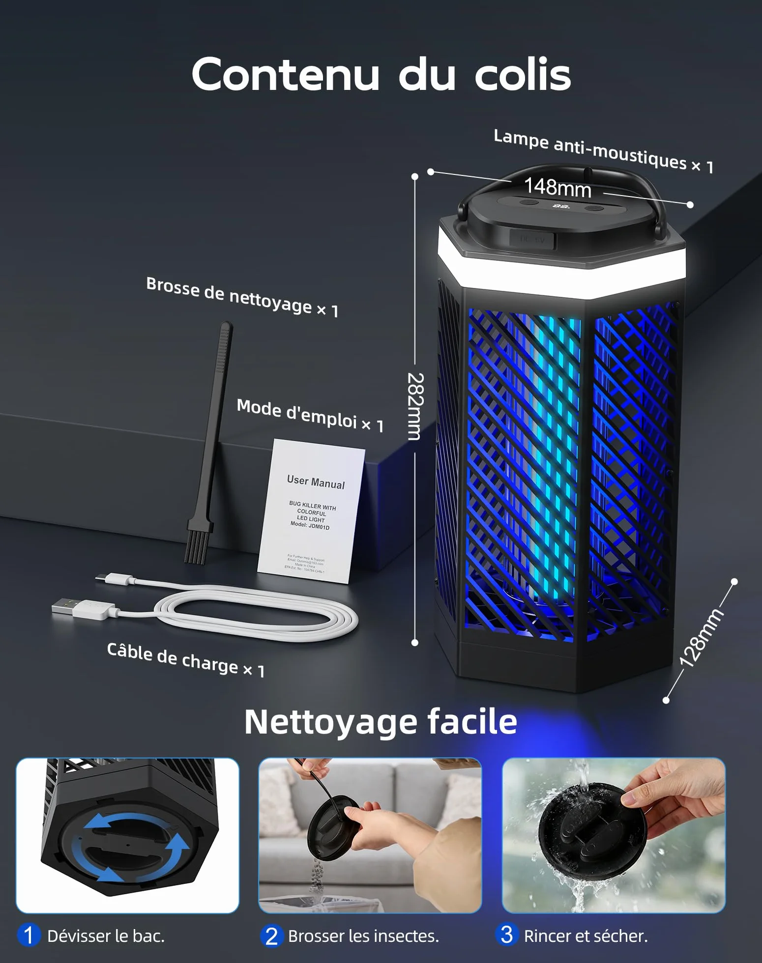 Lampe Anti-Moustique Rechargeable Tue Mouche Électrique LED 8000mAh IPX4 Destructeur d'Insectes