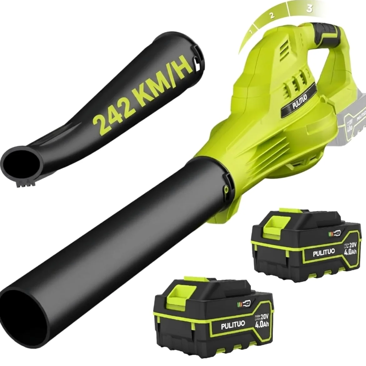 PULITUO Souffleur de feuilles sans fil avec 2 batteries de 4000 mAh, 20 V léger, 242 km/h, 3 vitesses, 2 tubes, souffleur de jardin compact pour feuilles et débris de poussière
