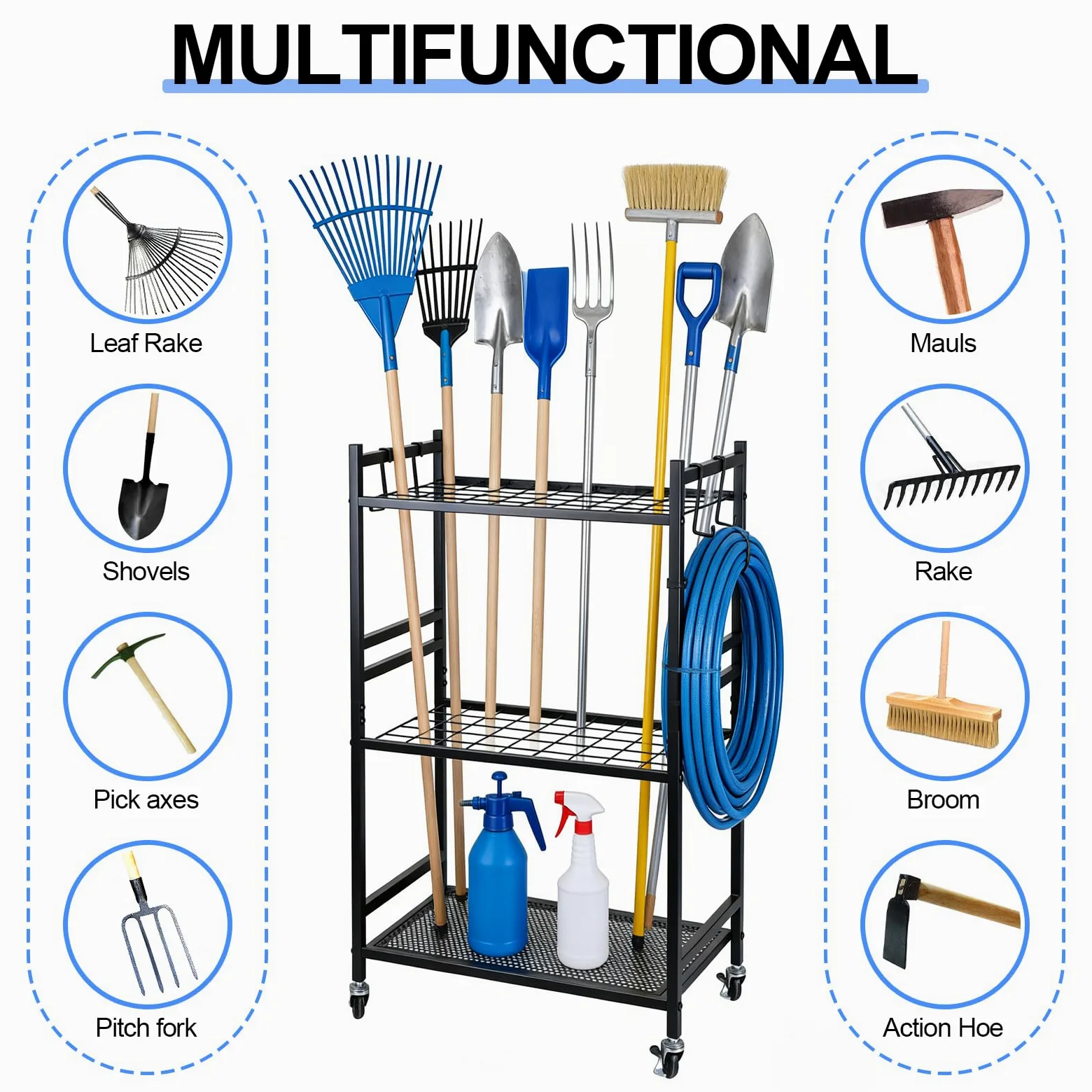 efuturetime Organisateur d'Outils de Jardin 35 Emplacements, 80 × 43 × 30cm | Support Rangement en métal, 3 Niveaux avec roulettes pour Garage Pelouse Abri