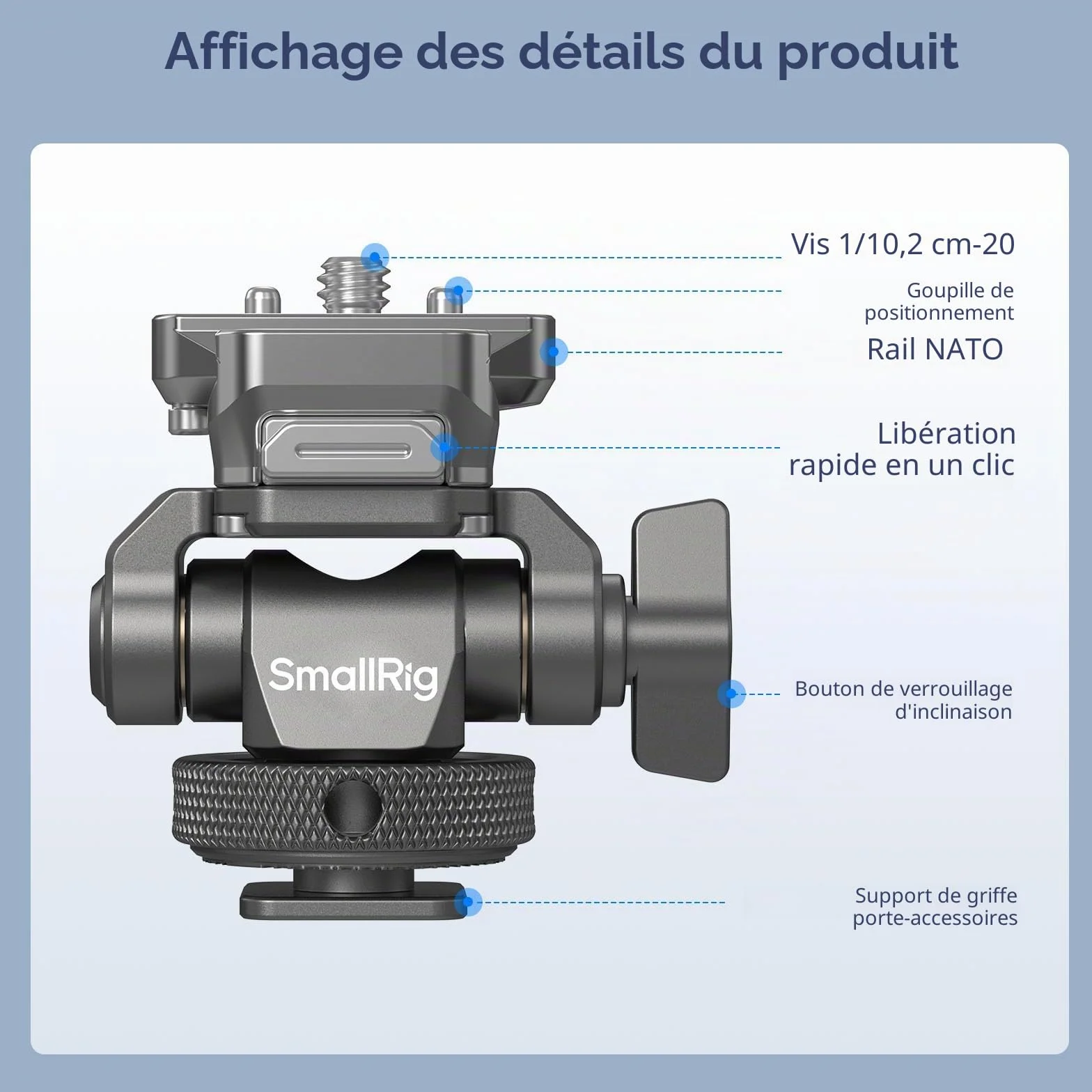 SMALLRIG HawkLock H21 Support de moniteur à dégagement rapide avec griffe froide, pivotant et inclinable réglable