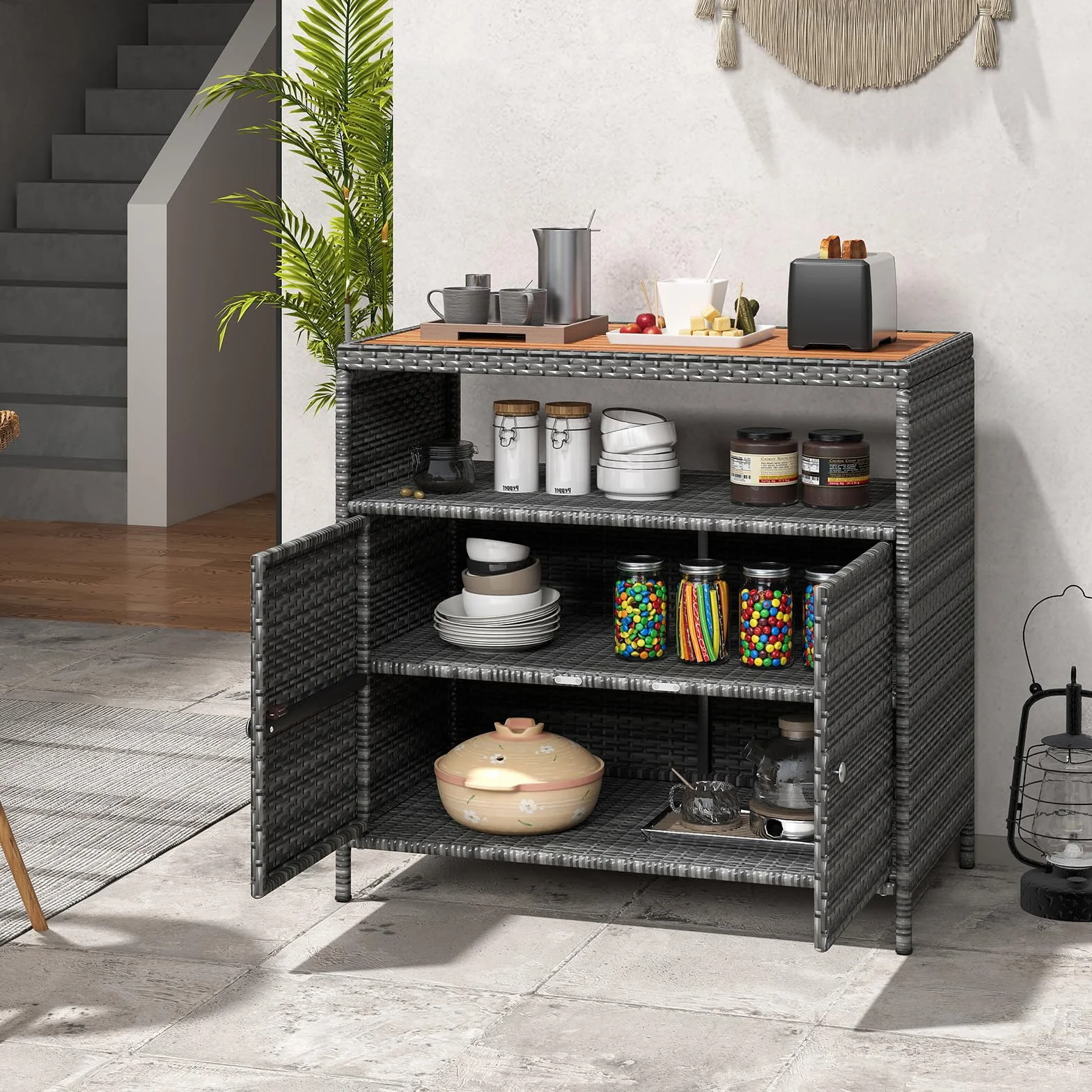 COSTWAY Armoire de Rangement Exterieur en Rotin, Jardin avec Plateau en Bois d'Acacia, Buffet 2 Portes, Gris