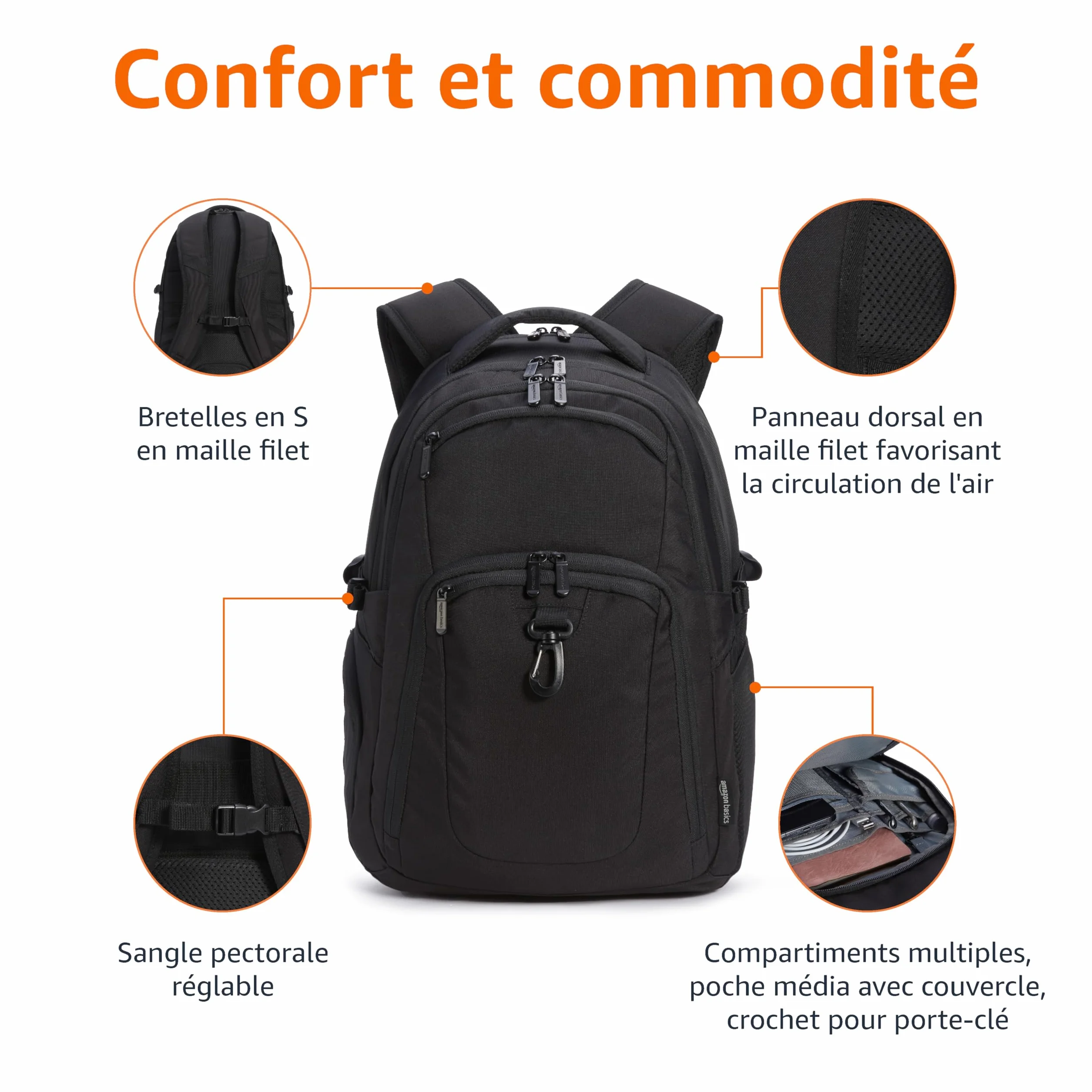 Amazon Basics Sac à dos de voyage pour ordinateur portable 17", Noir