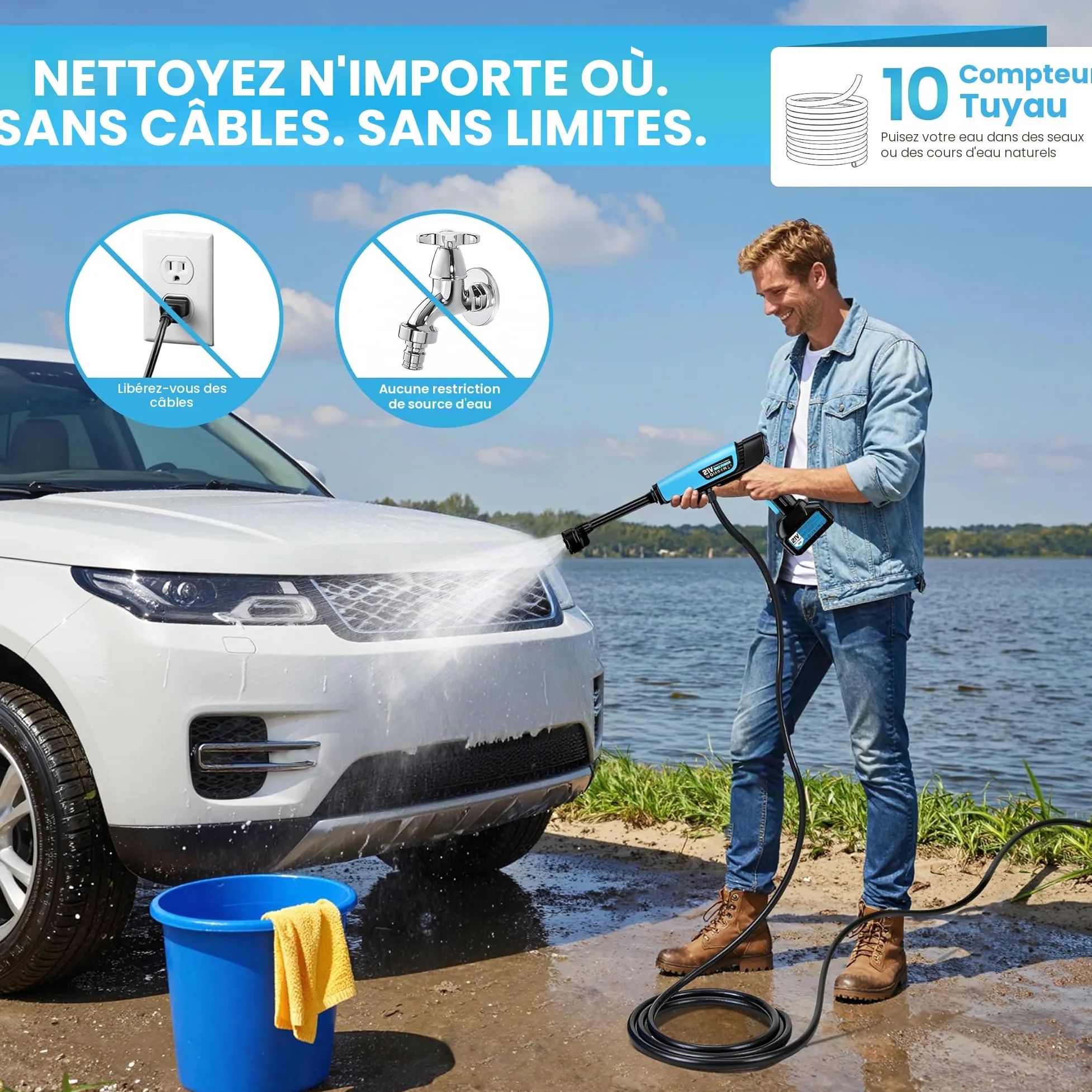 Nettoyeur Haute Pression Sans Fil,Buse Réglable 6 en 1 2x4000mAh 21V 80 bar Pistolet Nettoyeur Haute Pression Portable sur Batterie,Nettoyeur Hydro Jet Tuyau de 10m pour Voiture Jardin Terrasse Maison