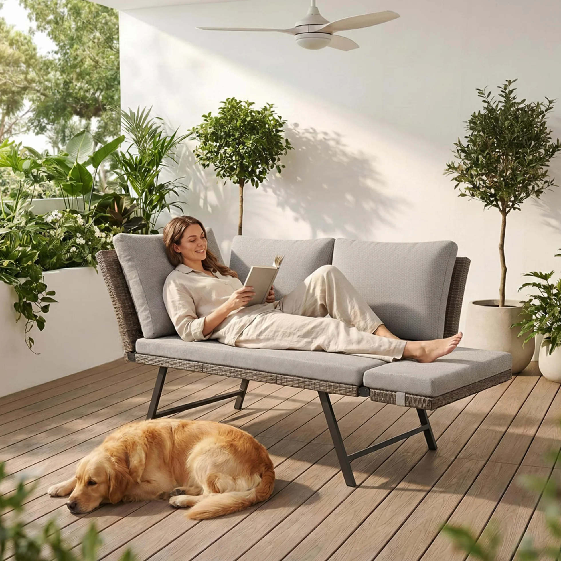 Lot de 2 Canapé de Jardin 2 Places en Poly Rottin avec Accoudoirs Réglables, Chaise Longue pour Terrasse Balcon Patio, Meuble de Jardin avec Coussins Lavables Beige