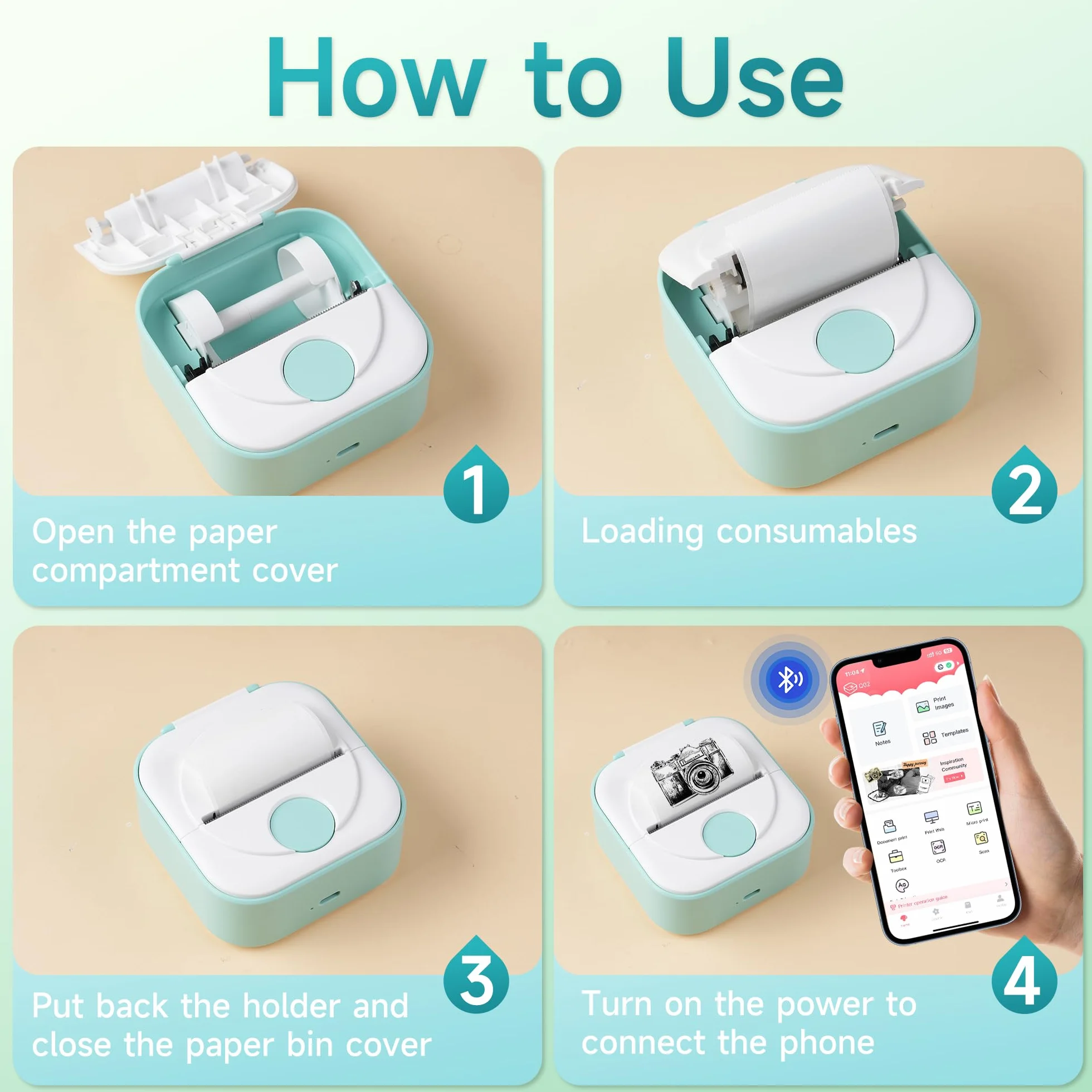 Phomemo Q02 Mini Imprimante Thermique Portable sans Encre avec 3 Rouleaux Papier, Verte