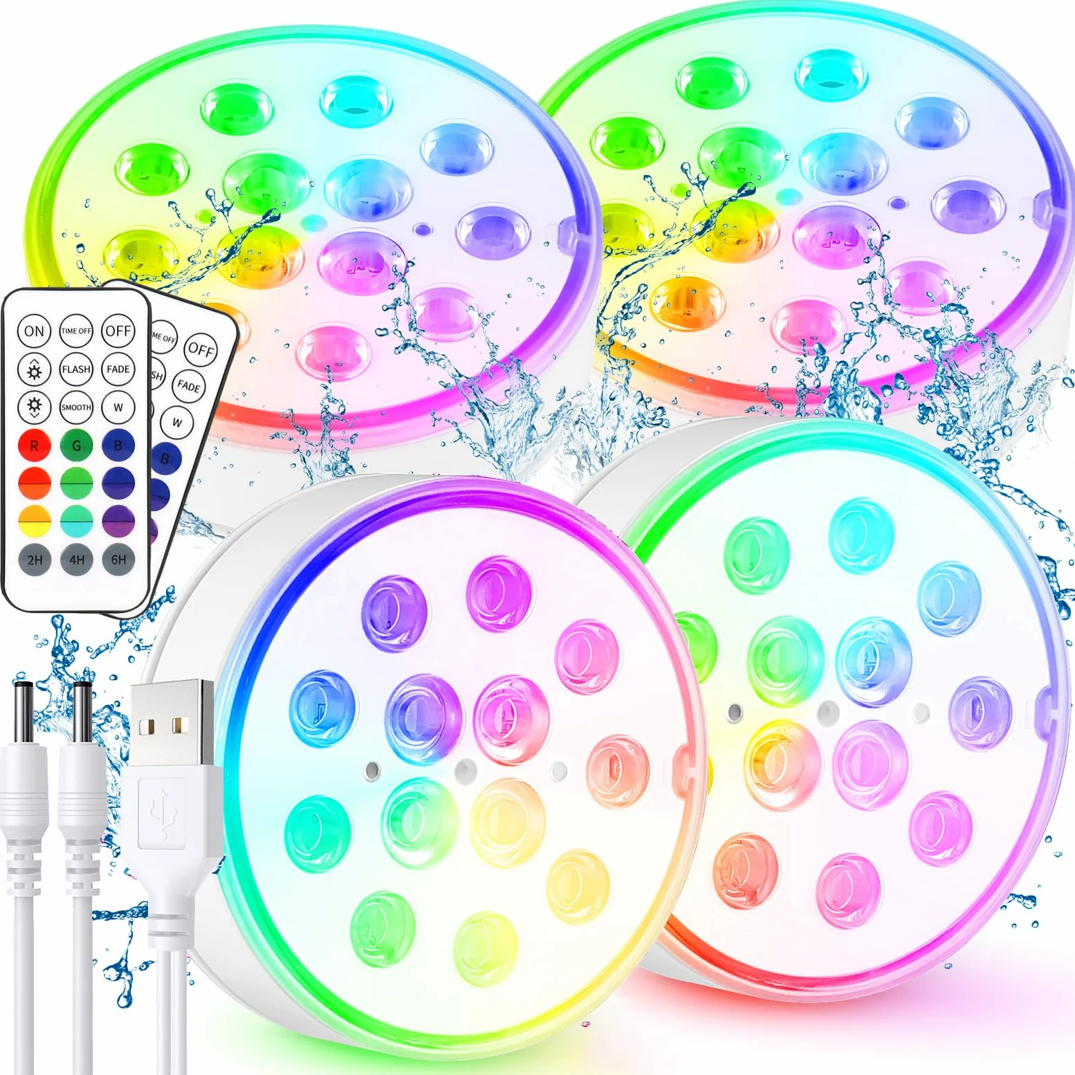 Czemo Lumière LED Submersible Rechargeable avec Télécommande Étanche IP68 Étanches pour Aquariums, Baignoire, Étangs (Multicolore-4 pièces)
