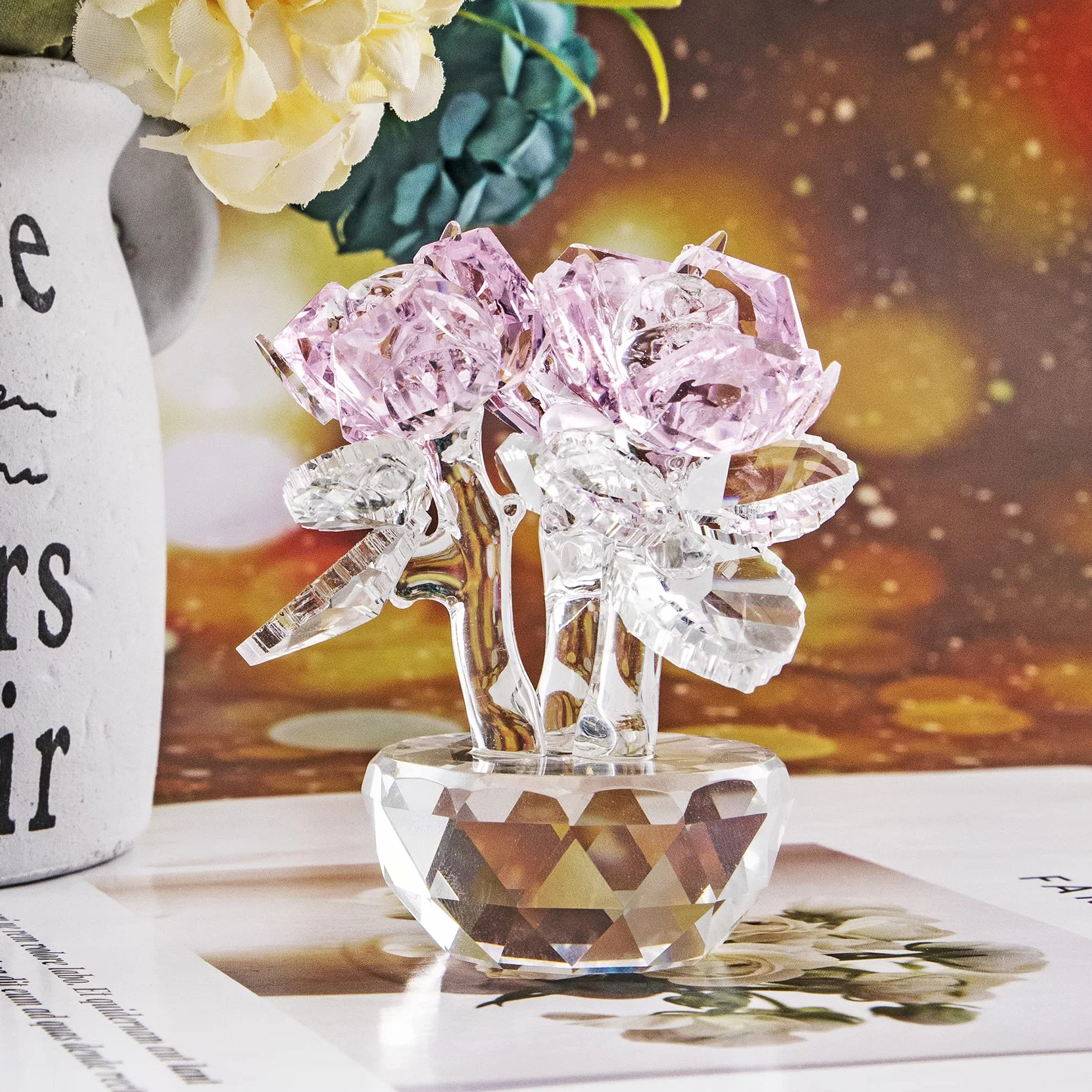 Bouquet de Roses en Cristal Rose - Figurine en Verre pour la fête des mères